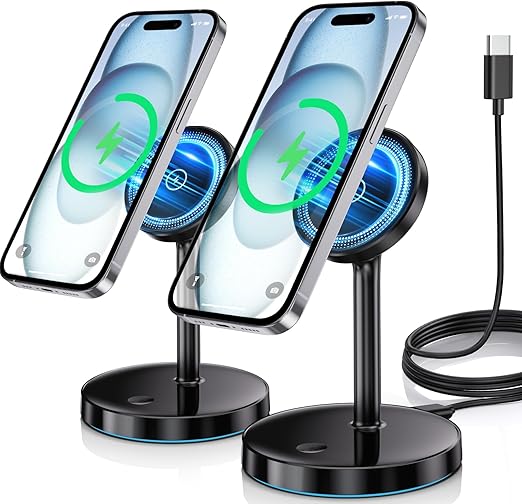 2 Pack Mag-Safe Charger Stand 15W Magnetic Wireless Charging Station for iPhone 16 15 14 13 12 Pro/Pro Max/Plus/Mini Magnet Wireless Charging Station/Pad with LED Light for AirPods 3/2/Pro/Pro 2