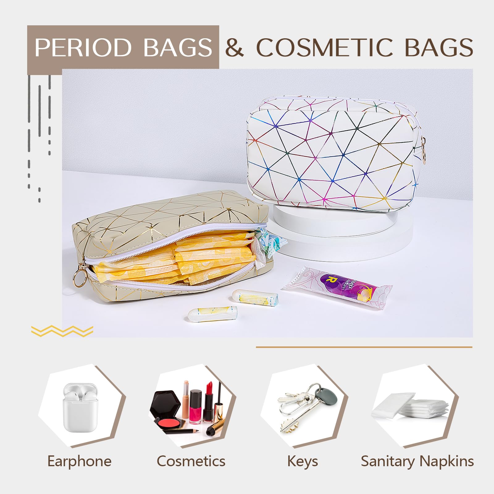 Likesing Perioden-Tasche für Mädchen und Frauen, Leder-Aufbewahrungstasche für Damenbinden, tragbare Menstruationspad-Tasche, Periodeneinlagen-Tasche, Pink, Gold, Large (8.3" x 5.3"), Modisch
