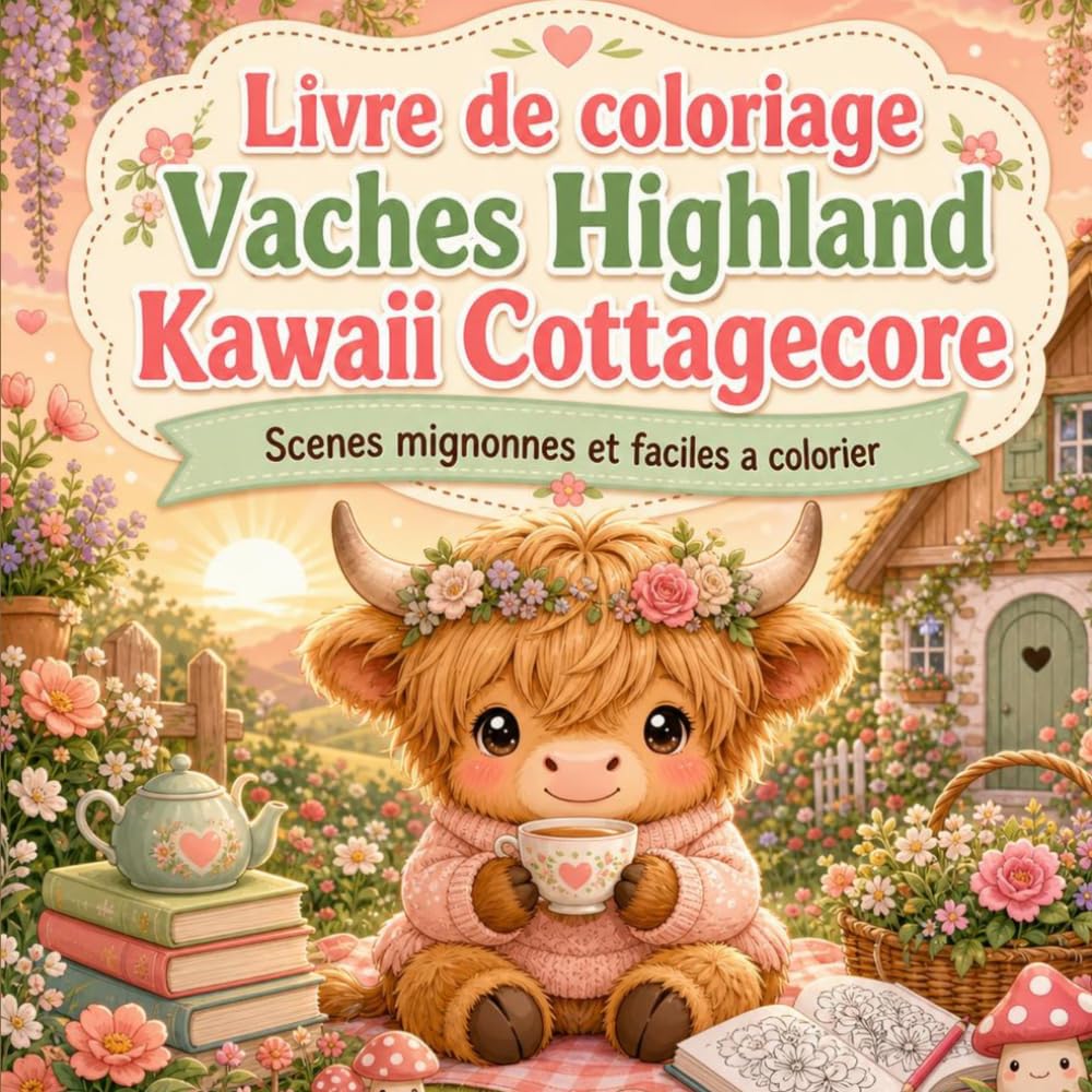 Livre de coloriage Vaches Highland Kawaii Cottagecore: Scenes mignonnes et faciles a colorier