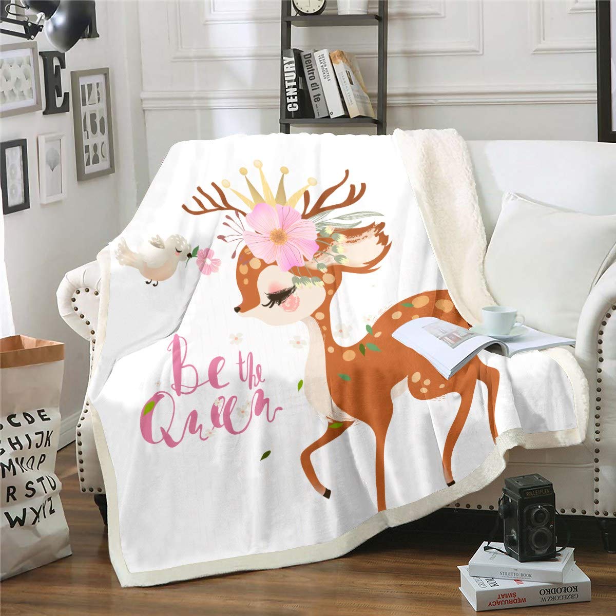 Loussiesd Girly Fuzzy Blanket Cartoon Deer Fleece Blanket Cute Wild Animal Sherpa Throw Blanket for Sofa Couch Lightweight Gloral Flowers Plush Blanket Baby 30"x40"