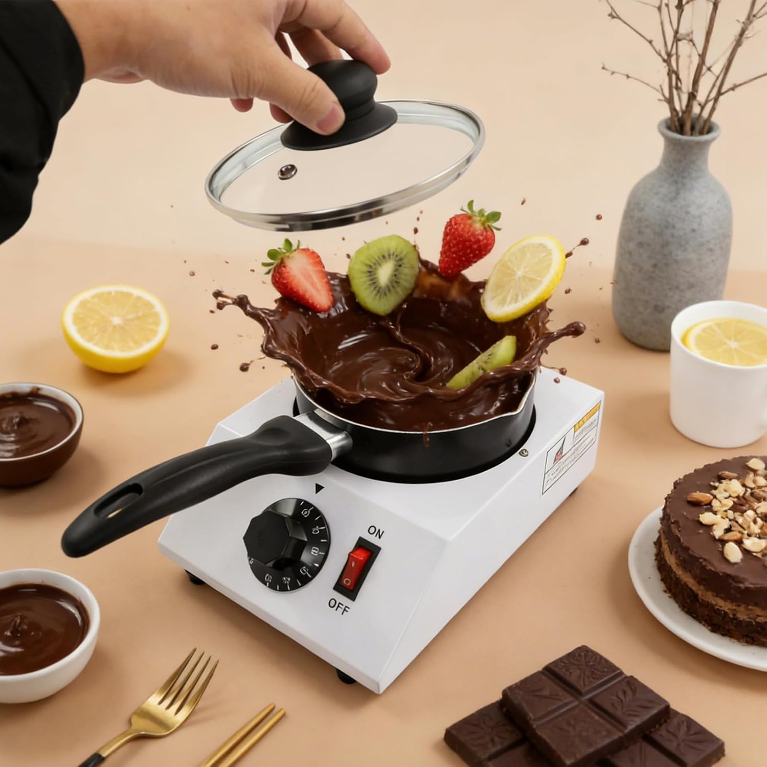 KEhtu Tempéreuse À Chocolat 86-185℉ avec Cuve Antiadhésive Et Résistance PTC, Machine Professionnelle pour La Pâtisserie Artisanale Et Les Cafés, Prise Britannique. 1 Pot