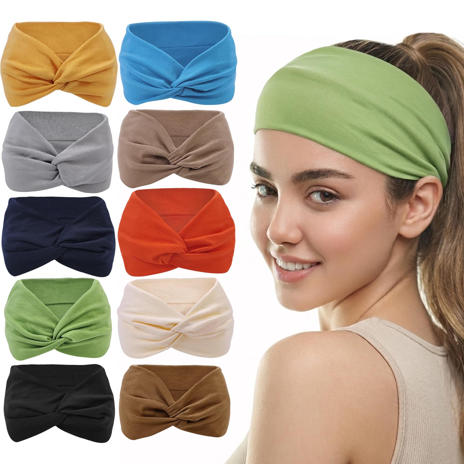 10 fasce larghe in stile bohémien, per donne e ragazze, design con nodo attorcigliato, set di grandi fasce per capelli, per sport, allenamento, yoga