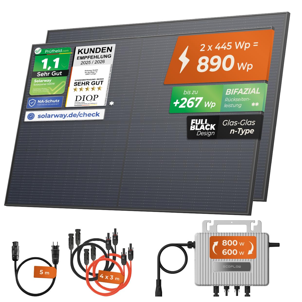 Solarway 880Wp / 800W Central Eléctrica Balcón Completo - Inverter EcoFlow Stream 800W - Sistema Solar Completo - Módulos Bifaciales Black 440W & EcoFlow & Accesorios