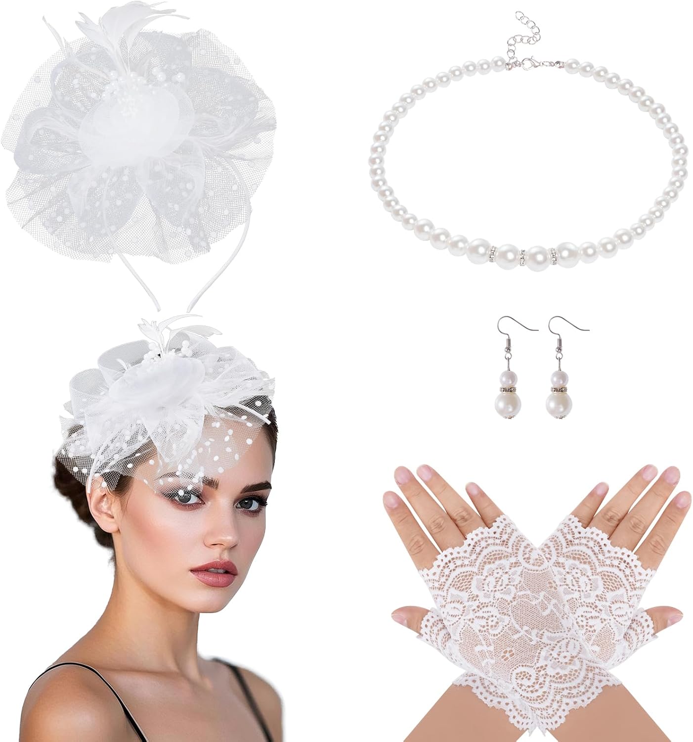Fascinators Hat for Women Tea Party Veil Mesh Headband Feather Hat Half Lace Gloves Pearl Jewelry Set Medium White