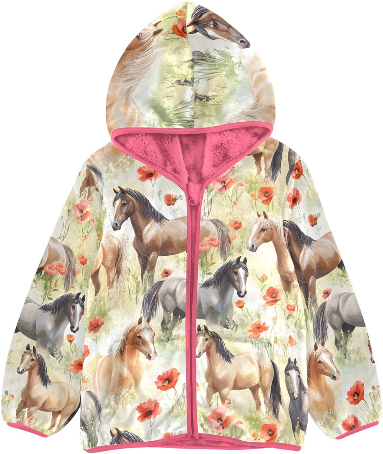 Girls Hoodie Outfit Watercolor Horse Poppy Pattern Zipper Sweatshirt Coat Fleece Jacket for Kids 3-10T