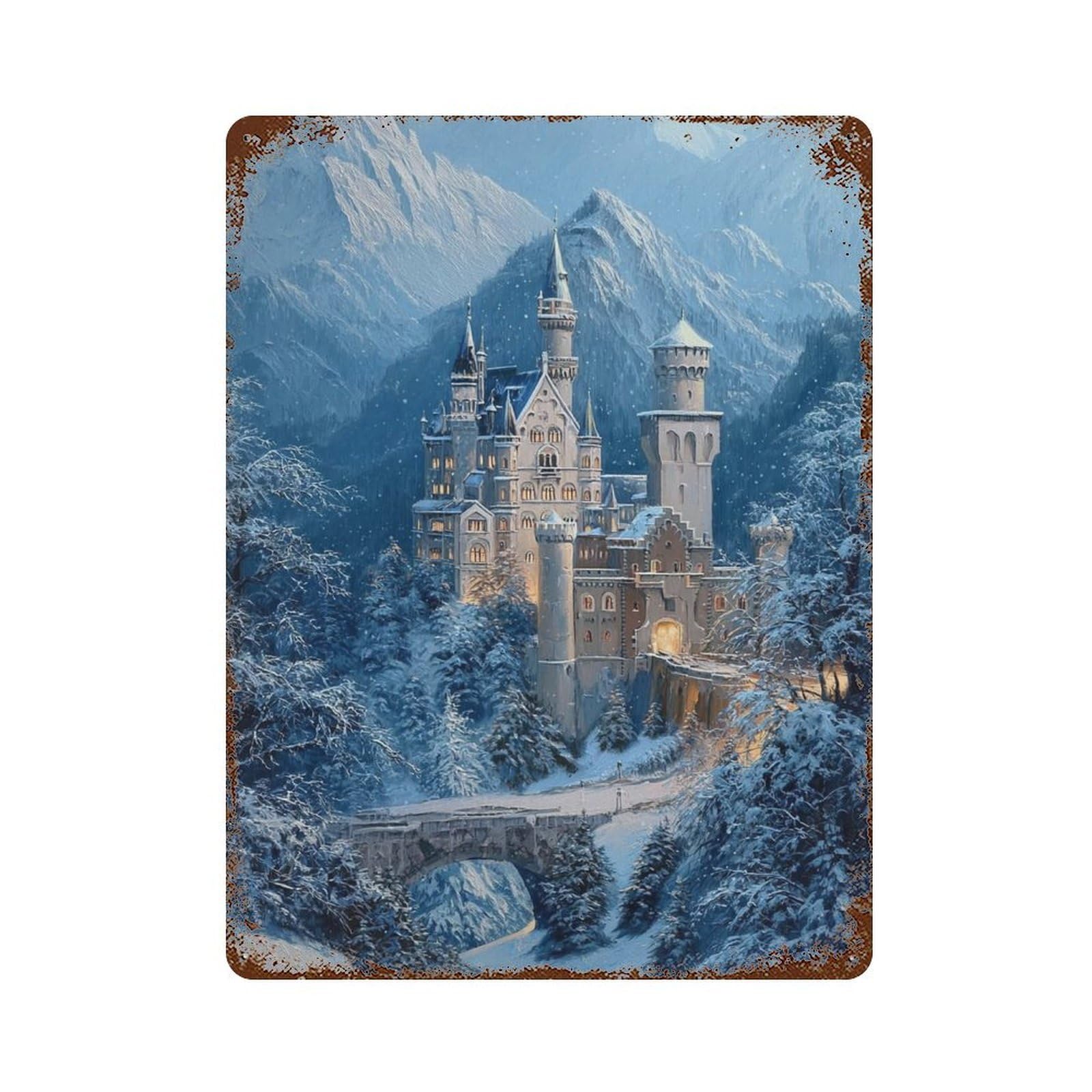 Winter Wonderland Castle Scene Rustic Tin Plaque 15.7"x11.8", Ideal for Office, Studio And Wall Decor
