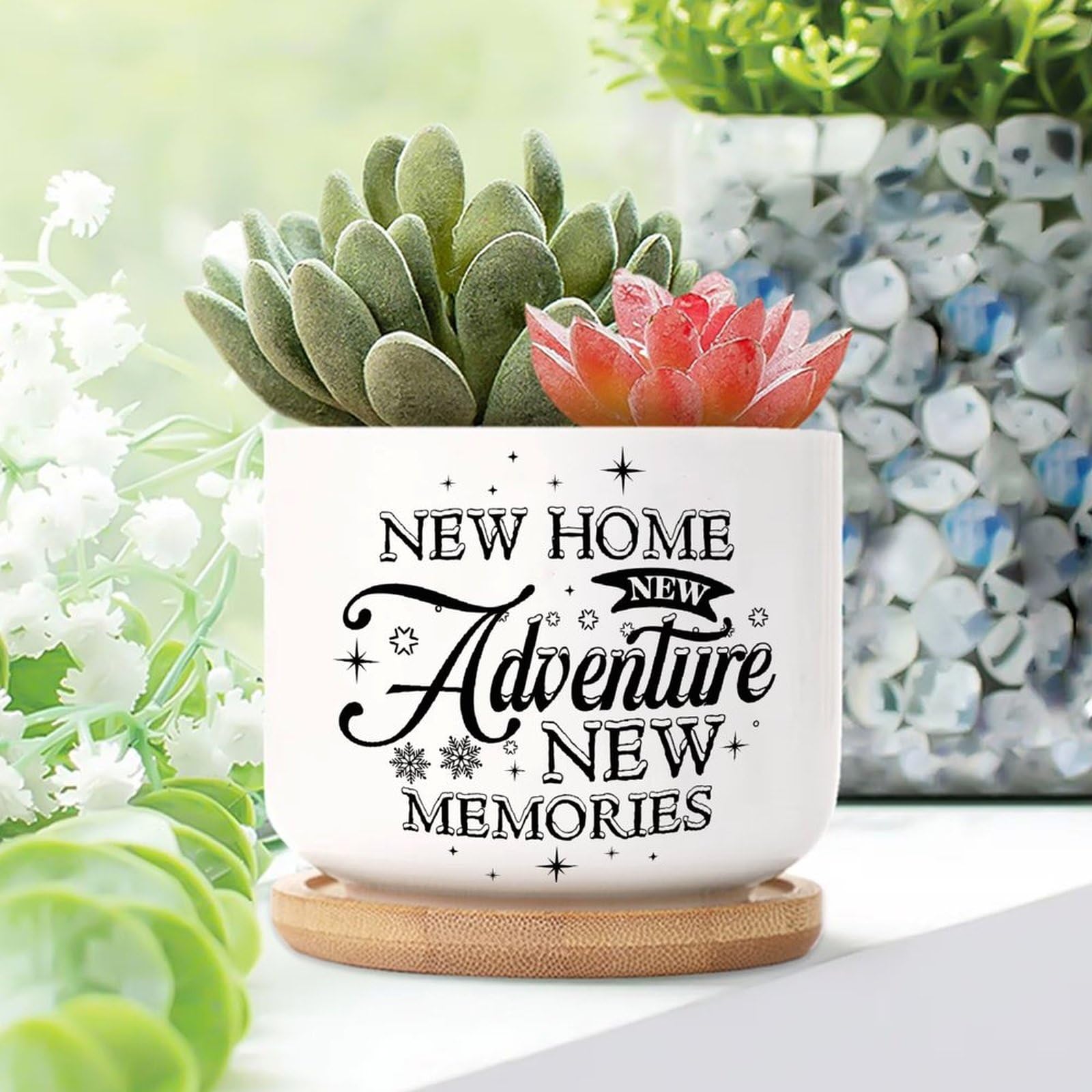 Yelolyio New Home New Adventure New Memories Planters Ceramic Literary Quote Round Flower Pot With Drainage Holes And Bamboo Tray Pot For Indoor Outdoor Garden
