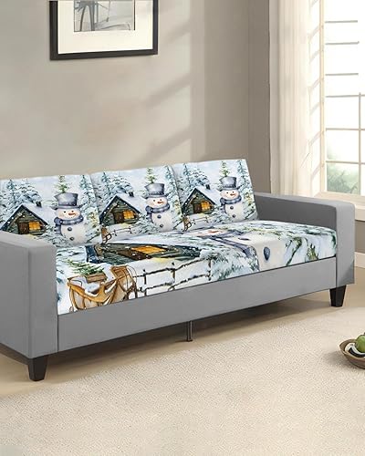 Miniatura 9 de Wowouhiya Fundas de cojín para sofá de Navidad, funda elástica para sofá con parte inferior elástica, fundas de sofá con diseño de muñeco de nieve