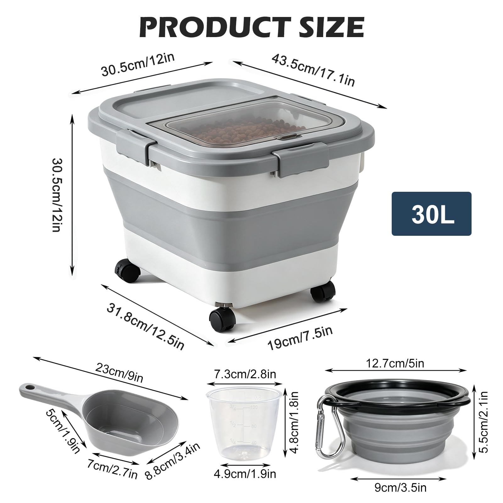 Almacenamiento plegable de comida para perros, 15 kg, contenedor de comida para perros, contenedor de comida para perros, contenedor de comida para animales, con pala, vaso medidor plegable