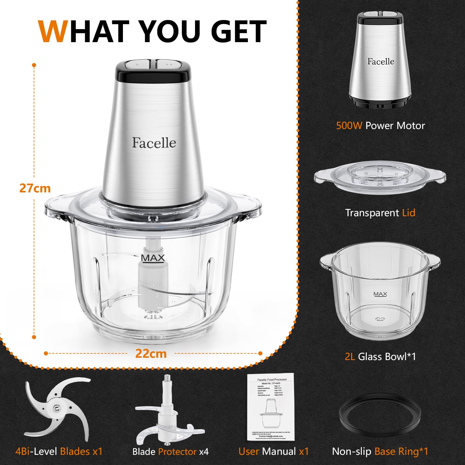 Picadora Electrica, Facelle Trituradora de Alimentos de 2L Picadora de Carne Eléctrica de 500 W con Recipiente de 4 Cuchillas Afiladas Para Carne, Verduras, Frutas, Frutos Secos y Alimentos Para Bebés