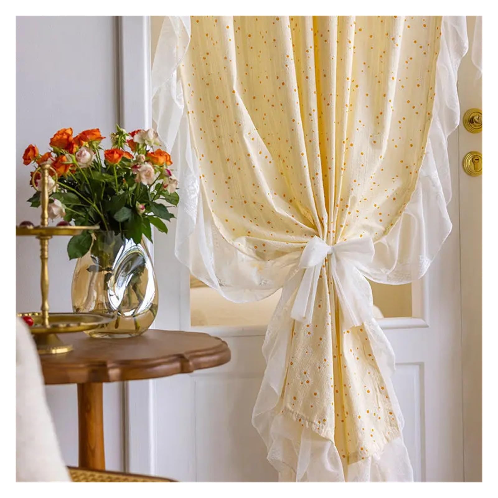 DFGRGRV Ruffle Curtains Daisy Curtains, Ruffle Trim Translucent, Floral Farmhouse Window for Kitchen Dining Living Room, 1panel(1 panel C,W150xH180cm)