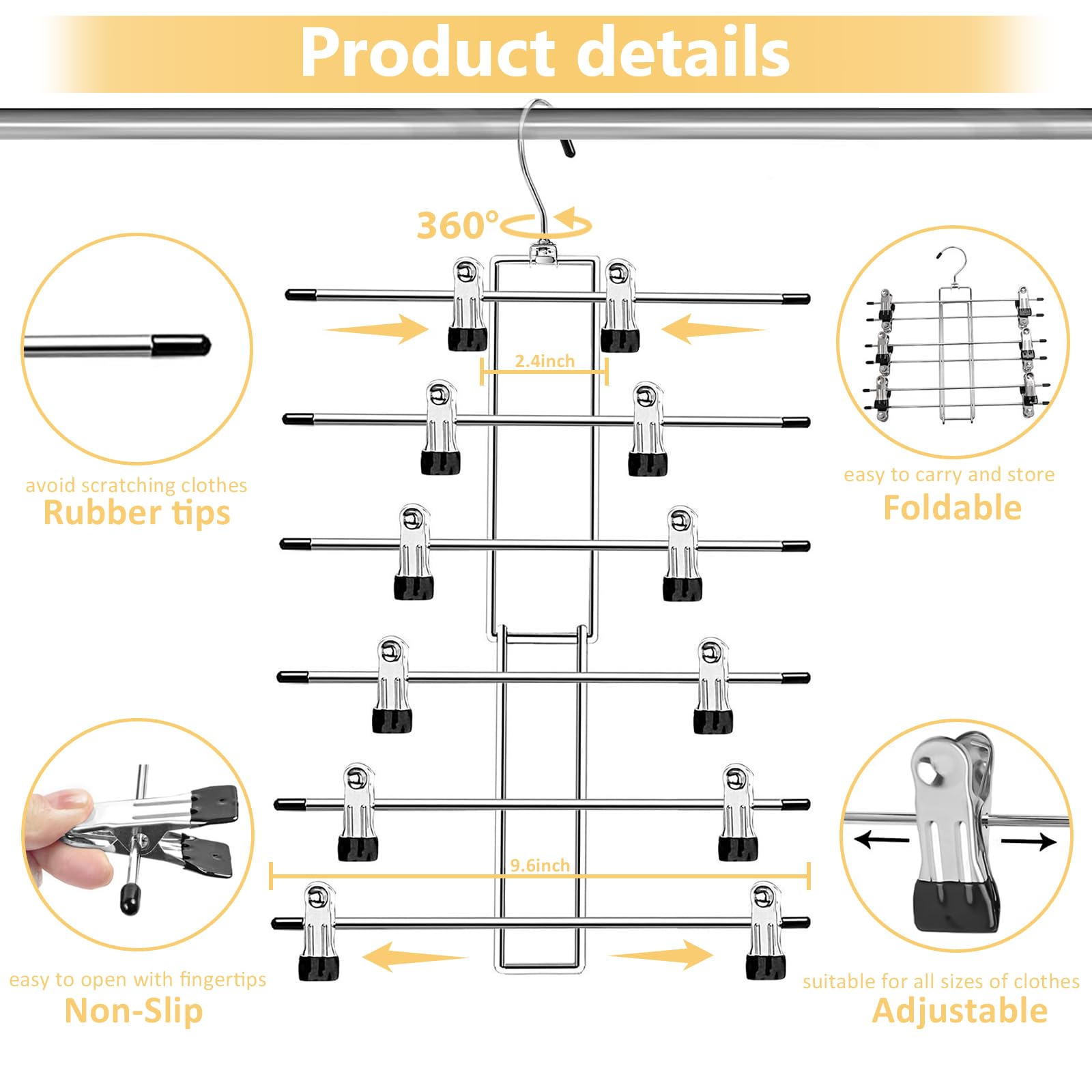 Organizadores y almacenamiento de armario, 6 niveles, perchas para faldas y pantalones, ahorro de espacio, organización y almacenamiento duradero para perchas de ropa, perchas para faldas con clips,