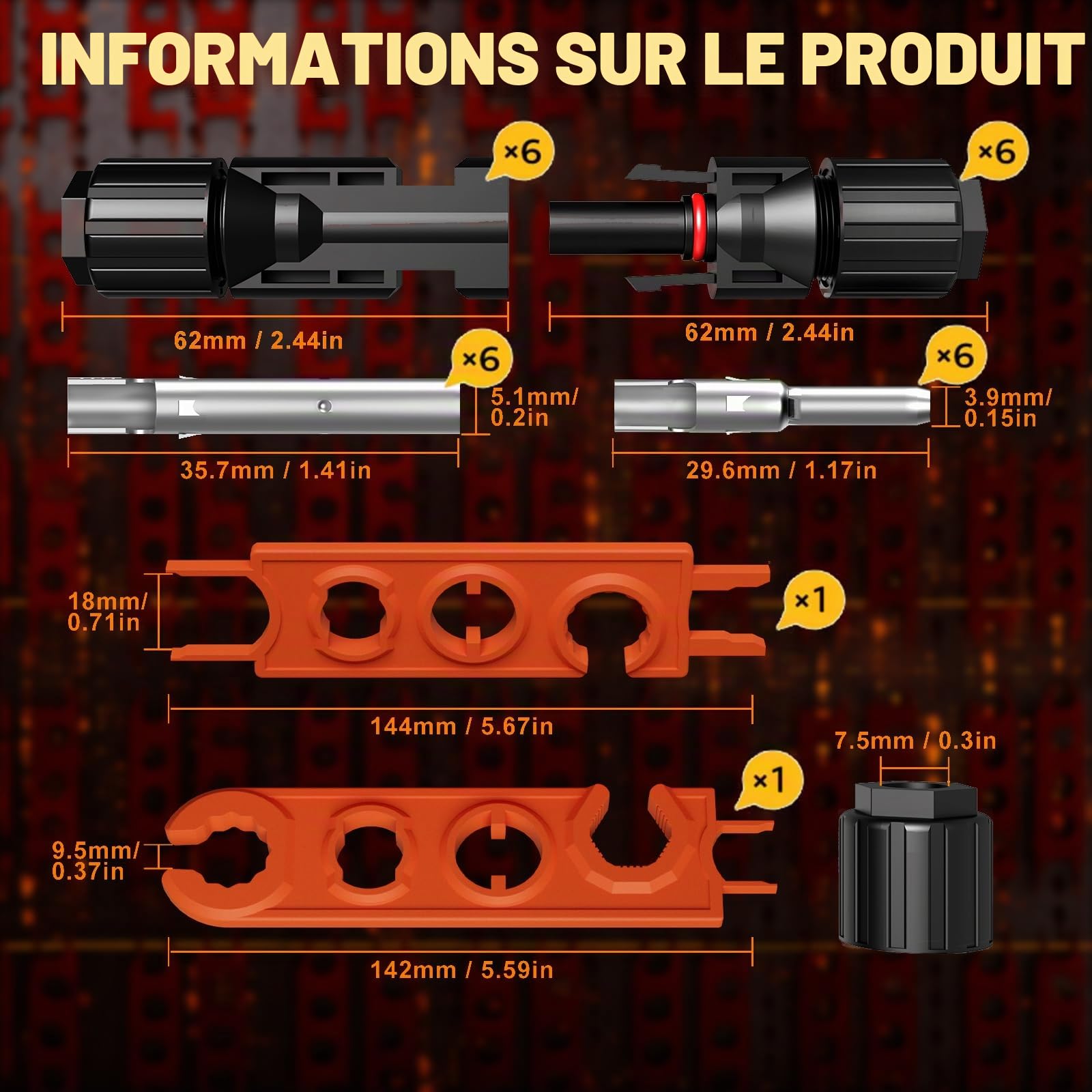 PEBA Pince à Sertir Solaire pour câble PV de 1,5-2,5/4/6 mm² Connecteurs Panneau Solaire, avec 6 paires Solaire Connecteurs, Outils de Sertissage Connecteurs Solaires - Solar PV Crimp Tool Kit