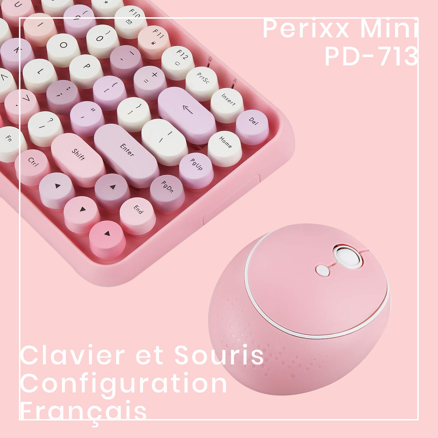 Perixx PERIDUO-713 Ensemble Mini Clavier et Souris sans Fil,USB, 2.4 GHz, Touches de Style Rétro Arrondies, Rose Pastel, AZERTY