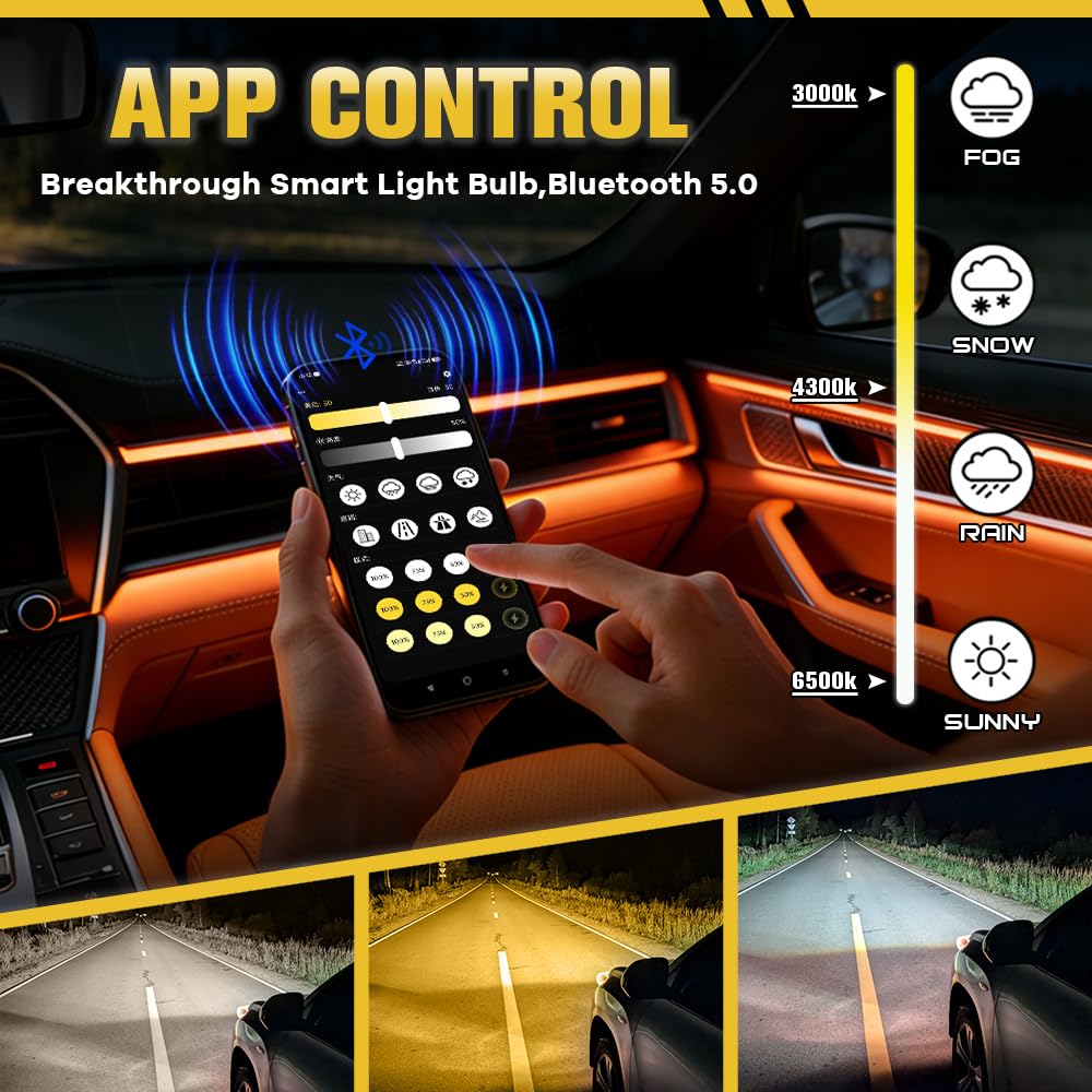 Bombillas H1 LED, Sin Errores CANbus H1 LED Inteligente App Control Brillo&Temperatura del Color 3000K Amarillo-6500K Blanco Frío Conexión Bluetooth (2 Pcs)