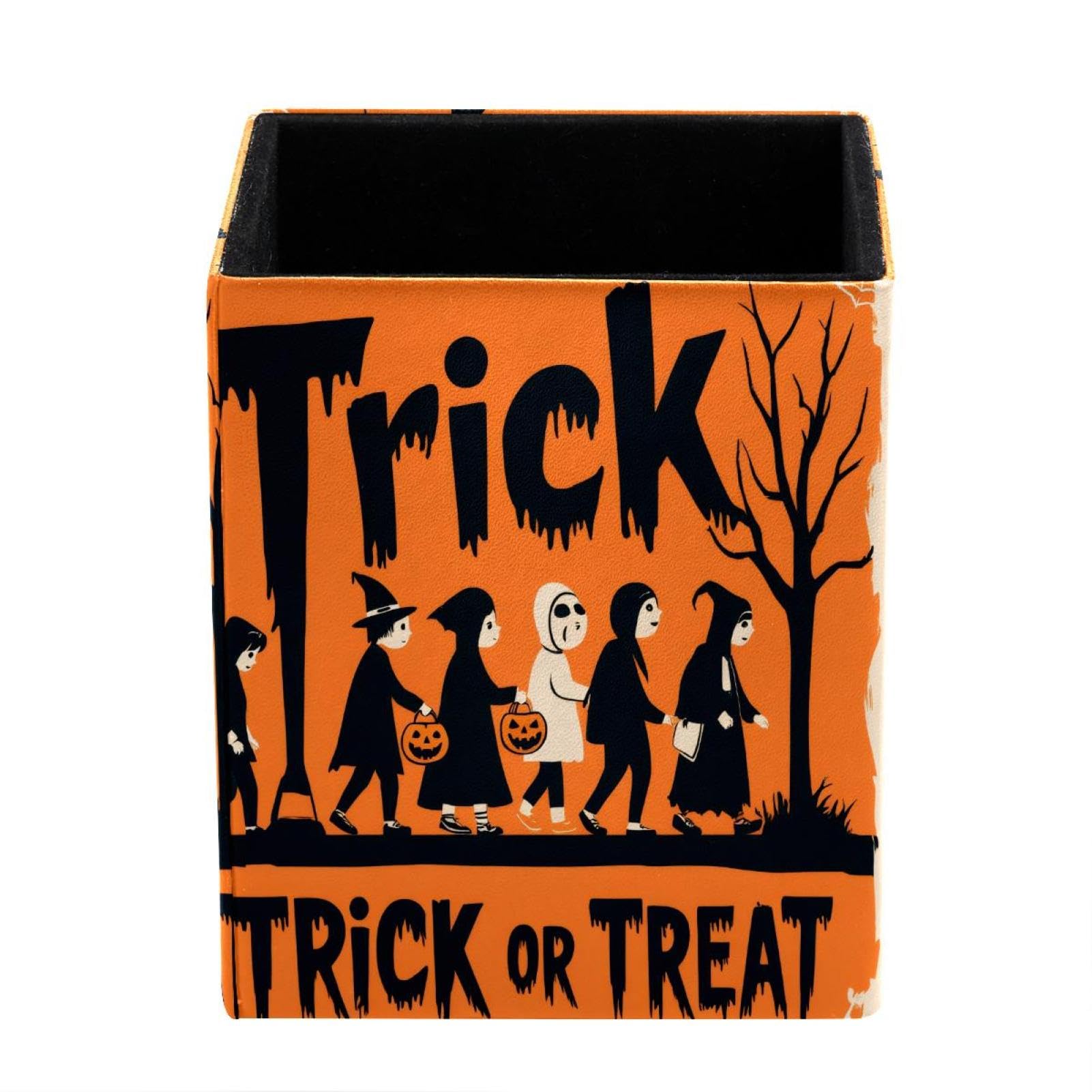 XingFox Trick or Treat Pen Holder for Desk Deco, Sqaure PVC Leather Pencil Cup for Desk Pen Organizer, Makeup Brush Holder for School, Home, Office