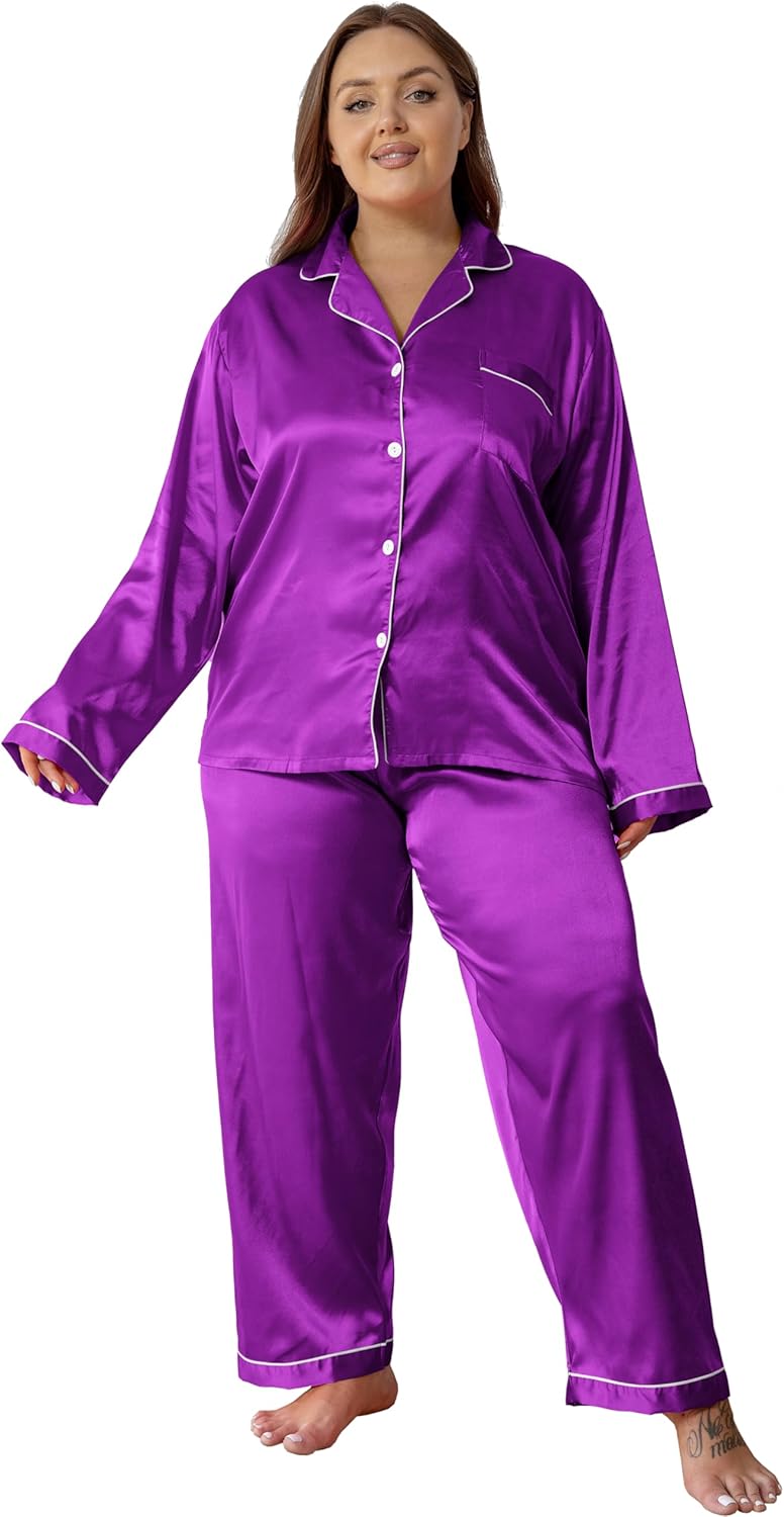 Vozanet Women's Plus Size Button Down Pajama Sets Satin Silky Long Sleeve Long Pants Sleepwear Loungewear Nighty XL to 5XL