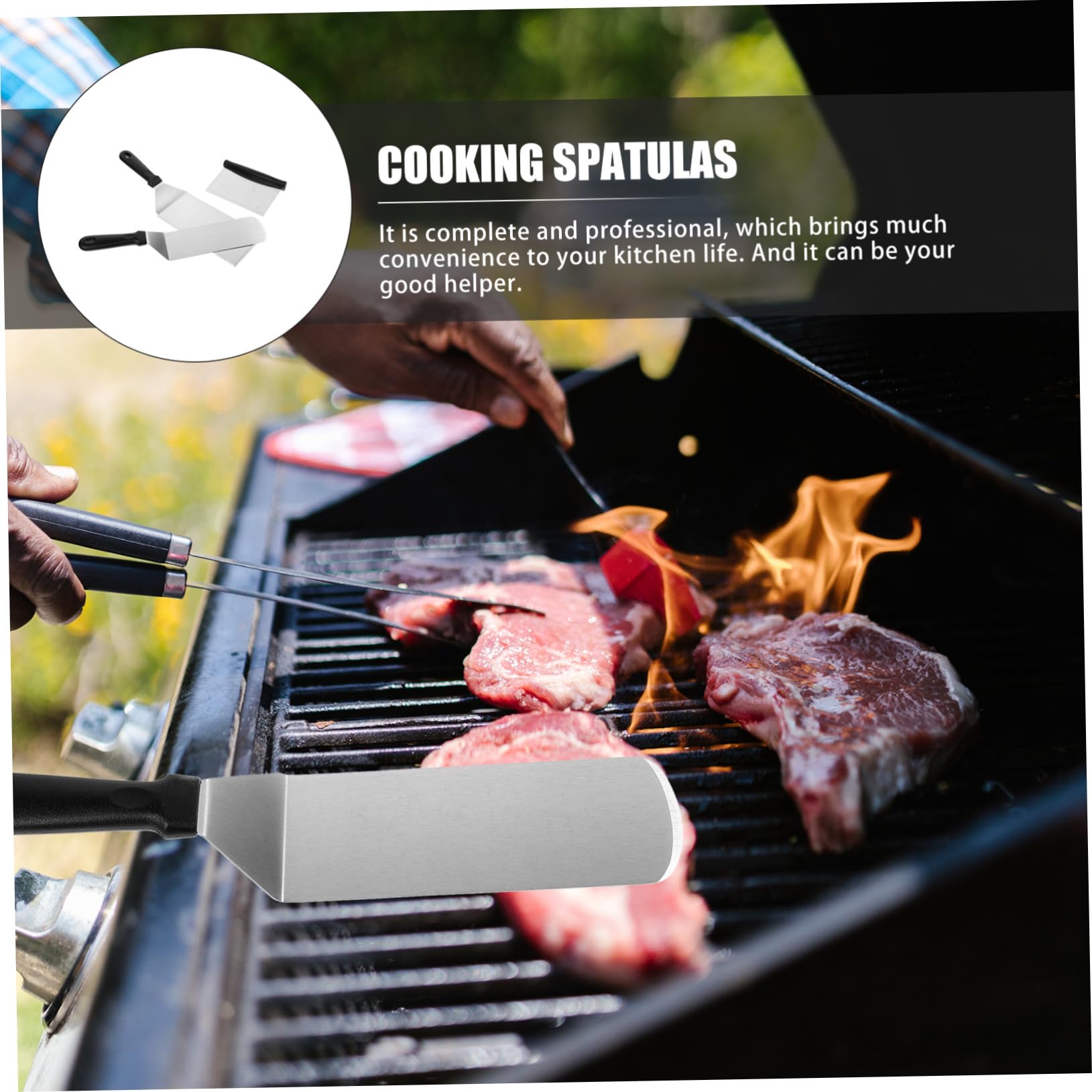 Gatuida Spatules Cuisine Inox 3 Pièces Résistantes la Chaleur Manches en Plastique, Pelle à Steak Multifonction, Outils pour Barbecue et Cuisson en Intérieur et Extérieur