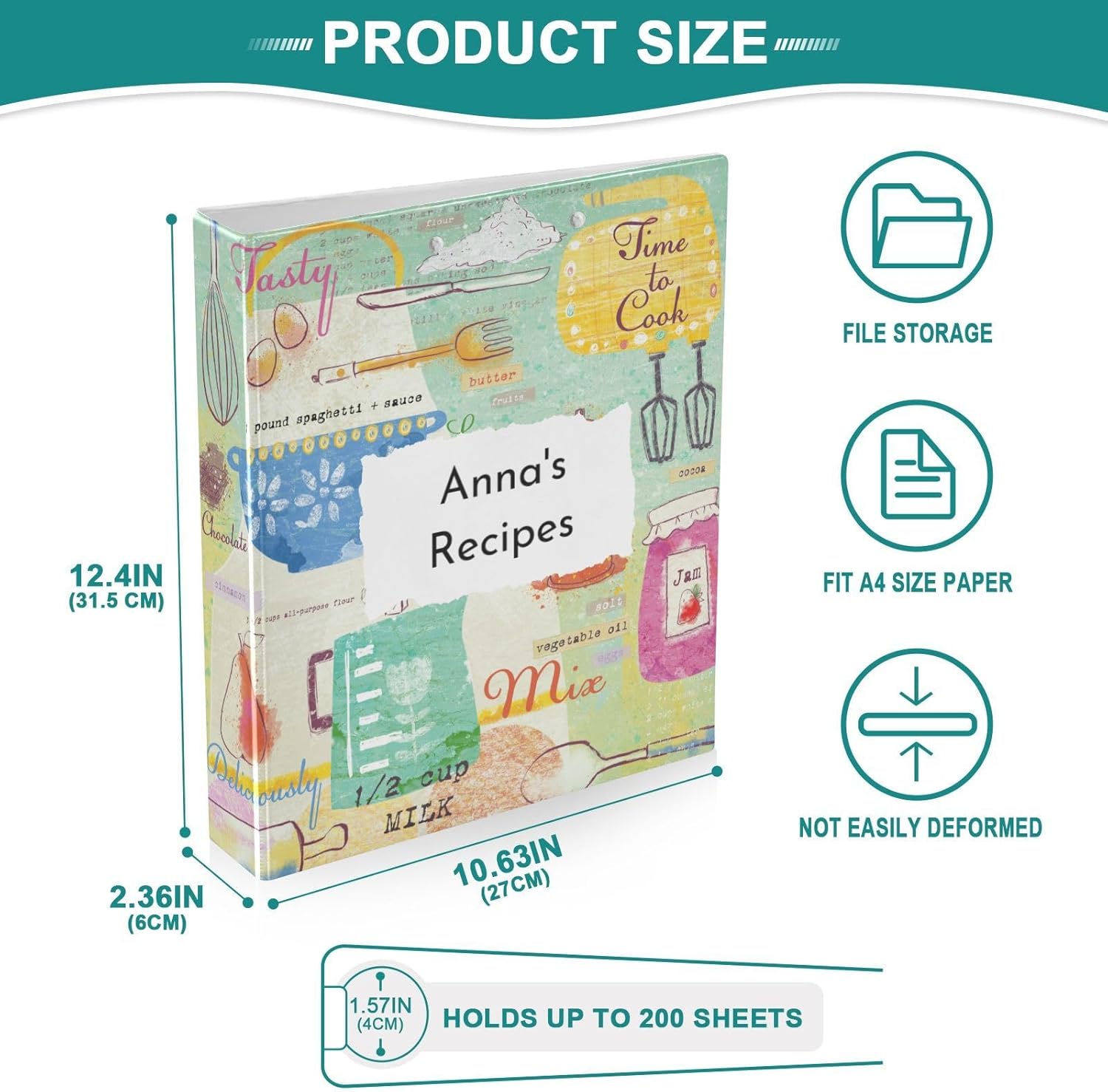Personalized Recipe Binder 8.5x11 3 Ring Recipe Binder Customizable Cookbook Binders with Clipboard&Pockets Large Recipe Organizer for Kitchen, Recipes, Family-Hand Draw Cute Kitchen Supplies