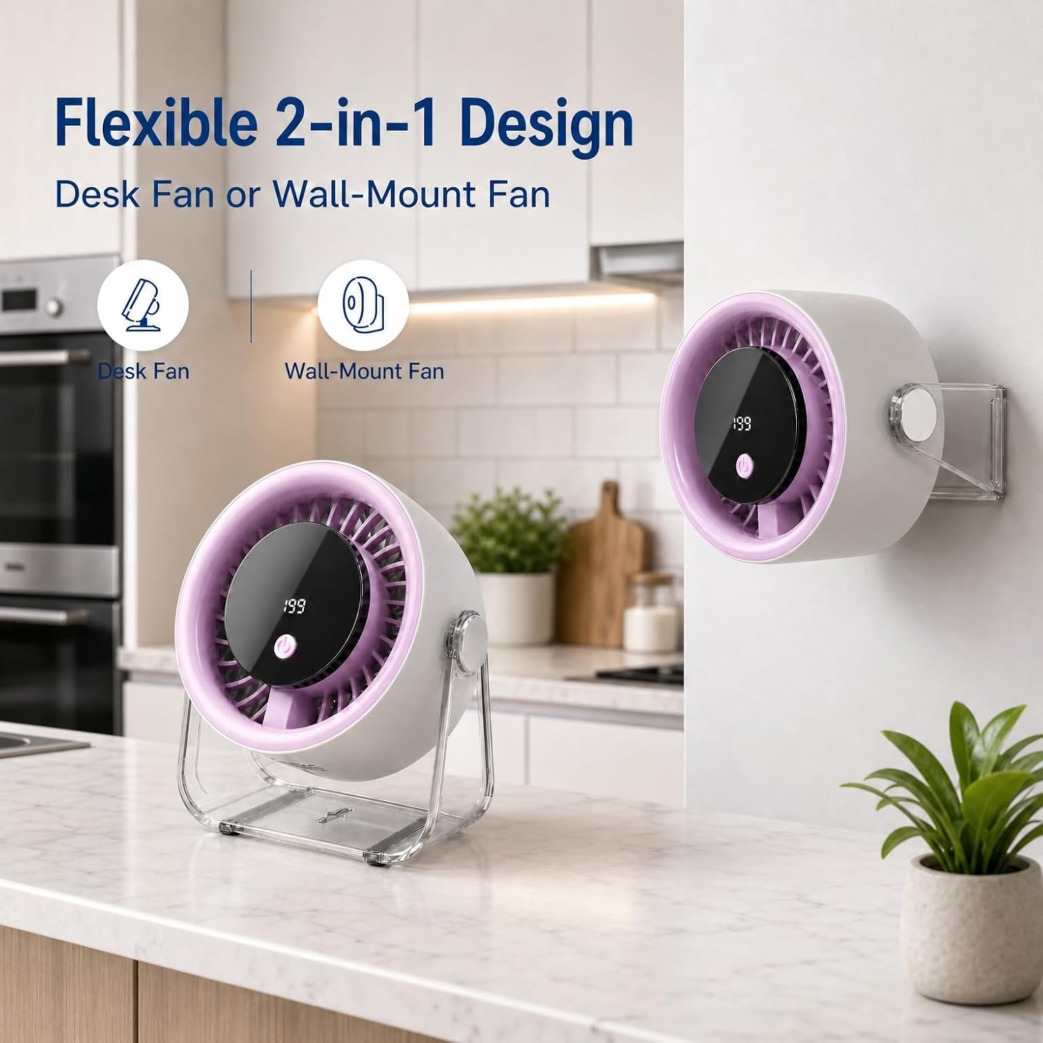 Coolking Portable Desk Fan for Bedroom, 199 Speeds Rechargeable USB Table Fan with 4000mAh Battery, 360° Rotation, LED Display, Quiet Wall-Mountable Personal Cooling Fan for Home Office (Purple)