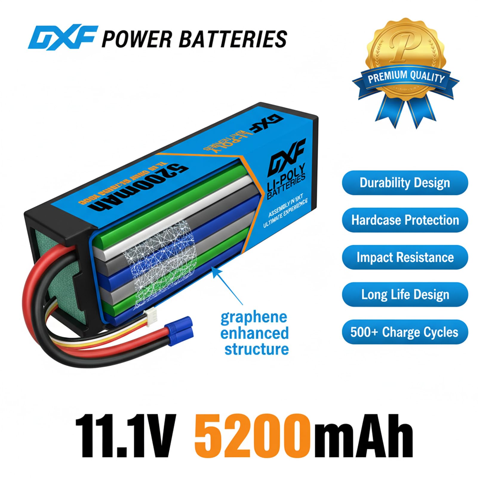 DXF Paquete de 2 baterías LiPo EC5 de 5200 mAh, 11,1 V, 100 C, enchufe EC5, grado A+, de baja resistencia, para coche, camión, buggy, oruga, helicóptero, barco, avión, escala 1/8 1/10