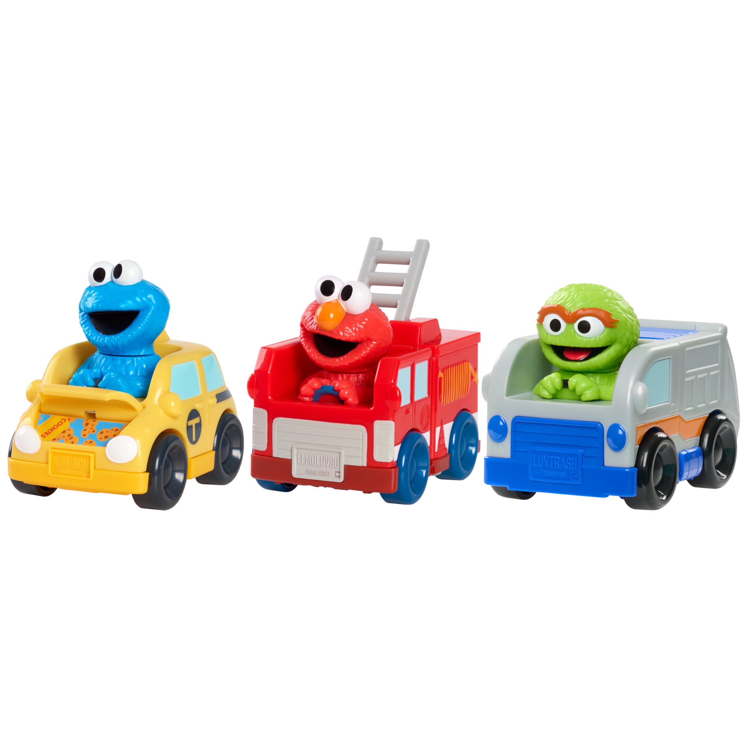 SESAME STREET Twist and Pop Wheelies 3-Pack Preschool Toy Vehicles, Includes Elmo, Cookie Monster, and Oscar, 3" Interactive Toy Cars for Fans, Boys,