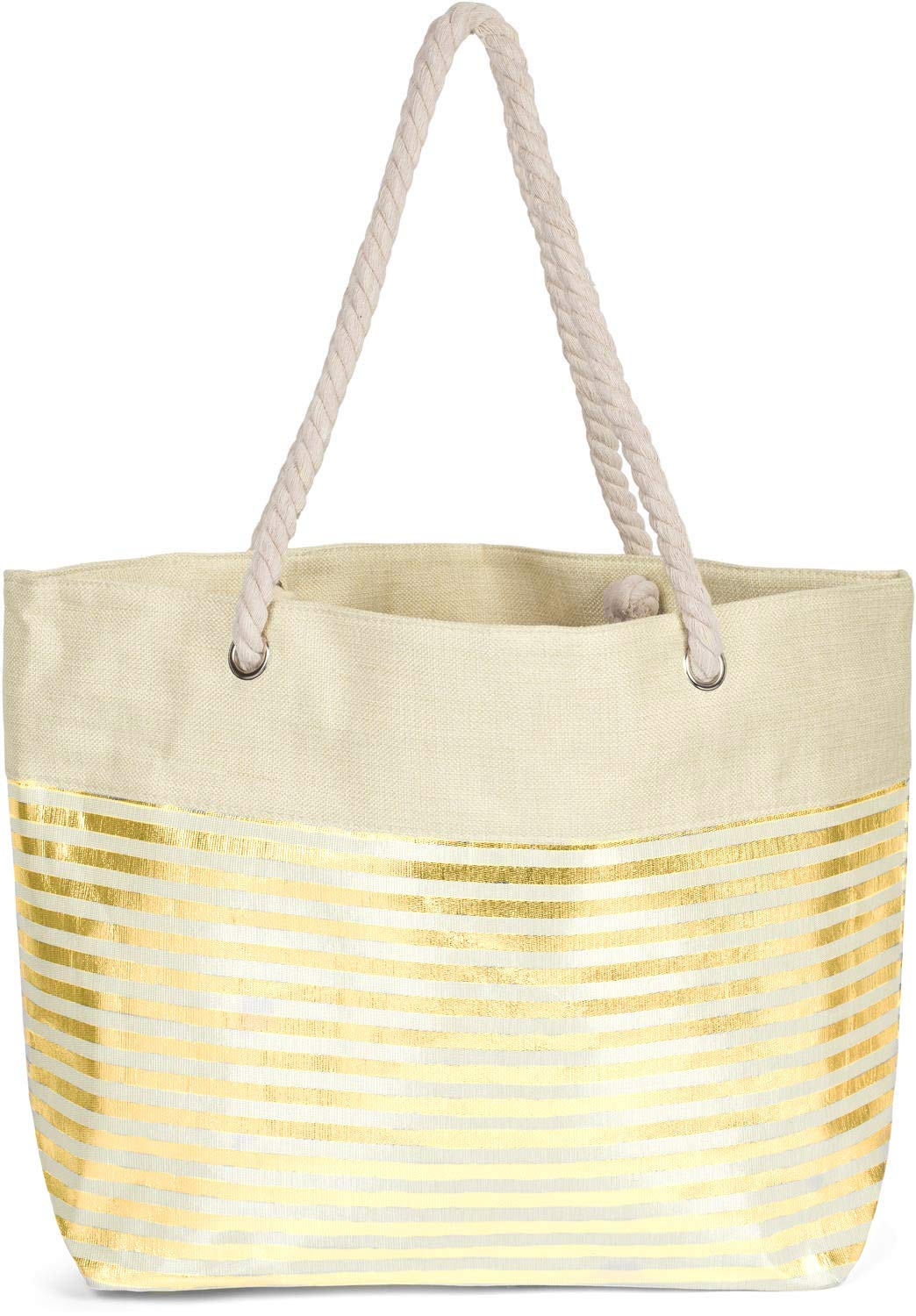 styleBREAKERBolso para la Playa XXL de Mujer con Estampado de Rayas metálicas y Cremallera, Bolso de Hombro, Bolso para Compras 02012281, Color:Beige-Oro