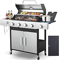 Ideamaxx 4-Burner Propane Gas Grill with Side Burner, 46,790 BTU, Stainless Steel, Porcelain Cast Iron Grates - Fast Heat, Easy Clean for Backyard & Camping