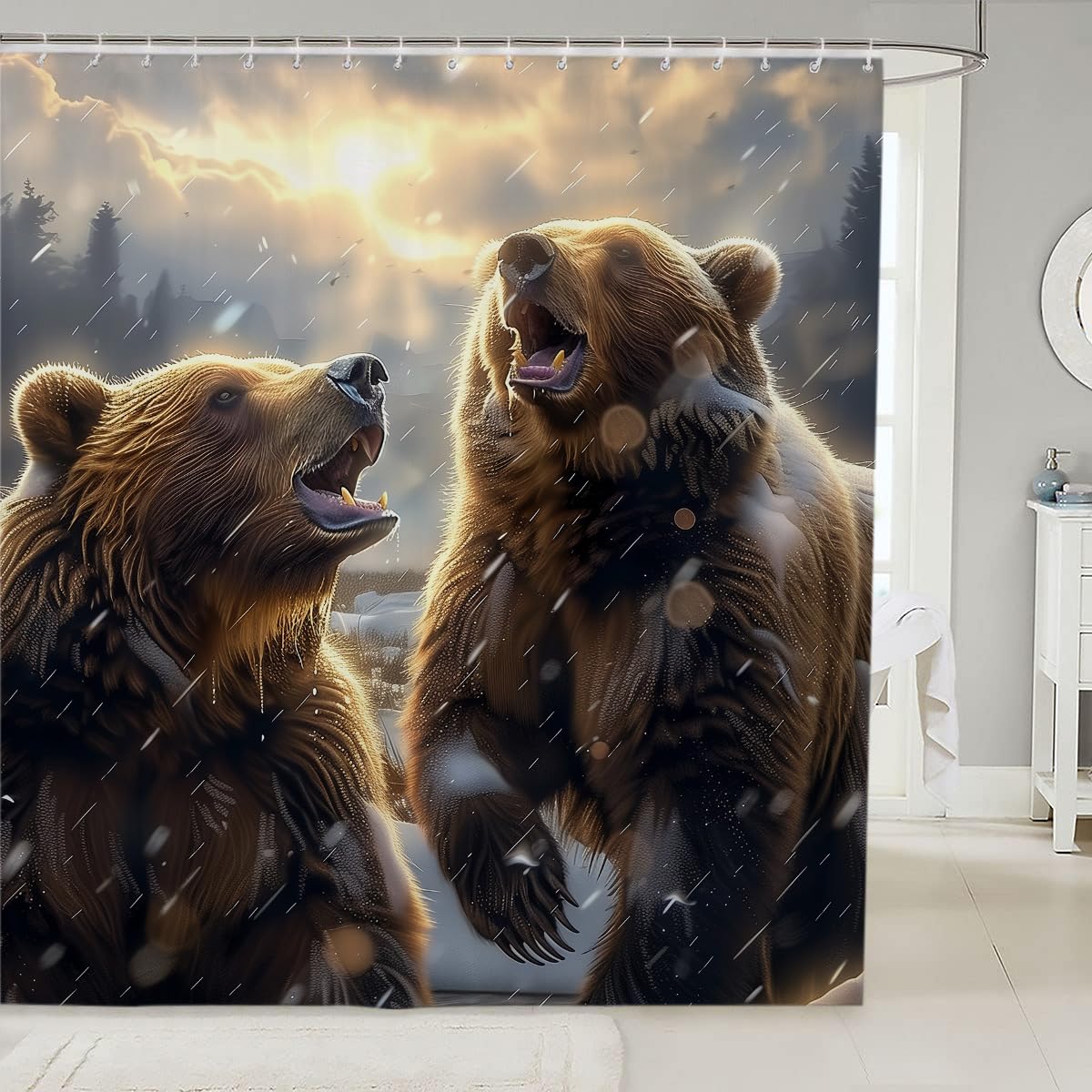 18TH CROZY Bear Shower Curtain for Bathroom Rustic Wildlife Forest Animal Hunting Printed Waterproof Fabric Shower Curtain for Bathroom Home Decoration Shower Curtain Set for Bathroom 70 x 70 Inch