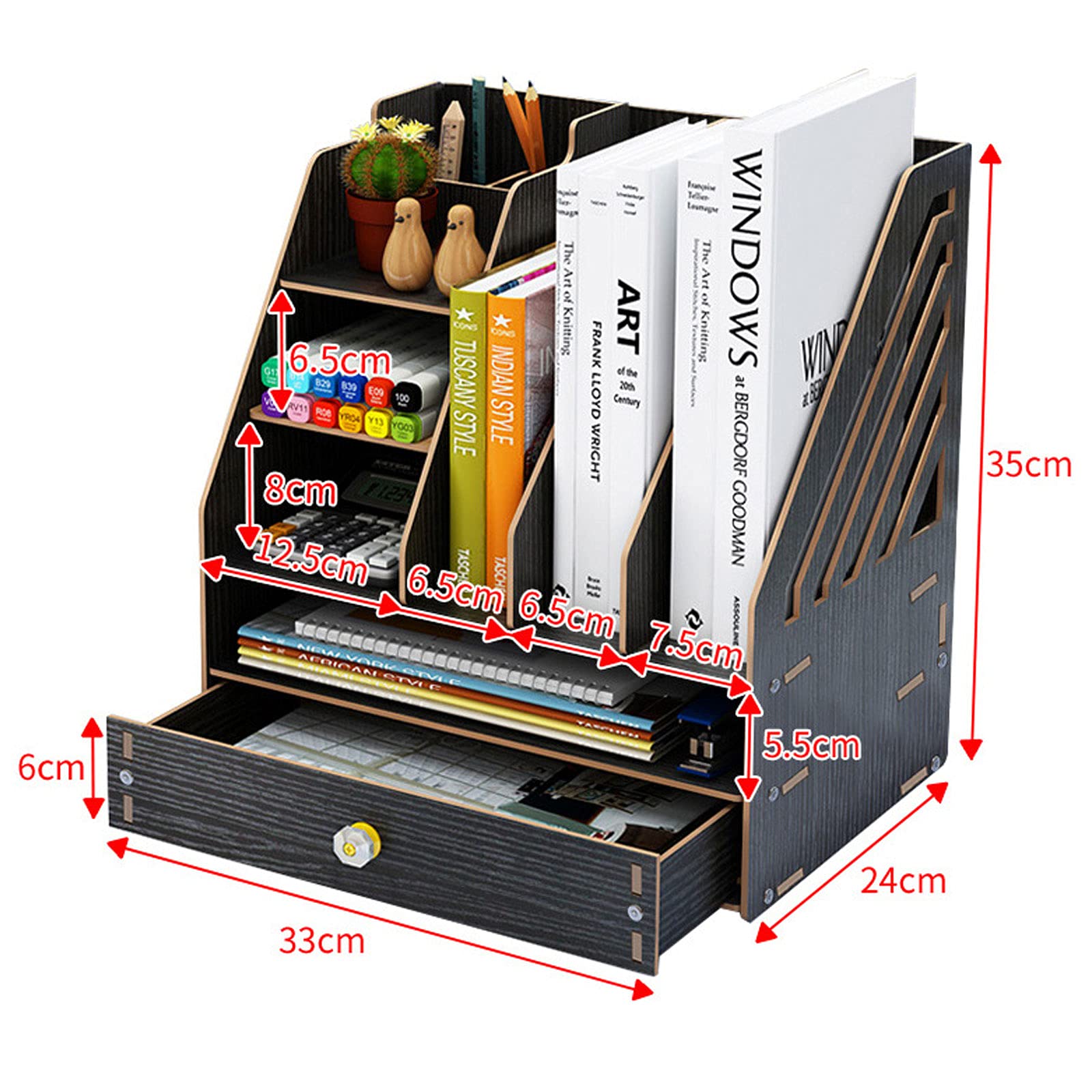 Portaoggetti da Scrivania in Legno, Grande Capacità, Multifunzionale, 33 X 24 X 35 Cm, con Cassetto Portapenne, per Cancelleria, Scatola di Archiviazione per Documenti e Riviste,Bright black