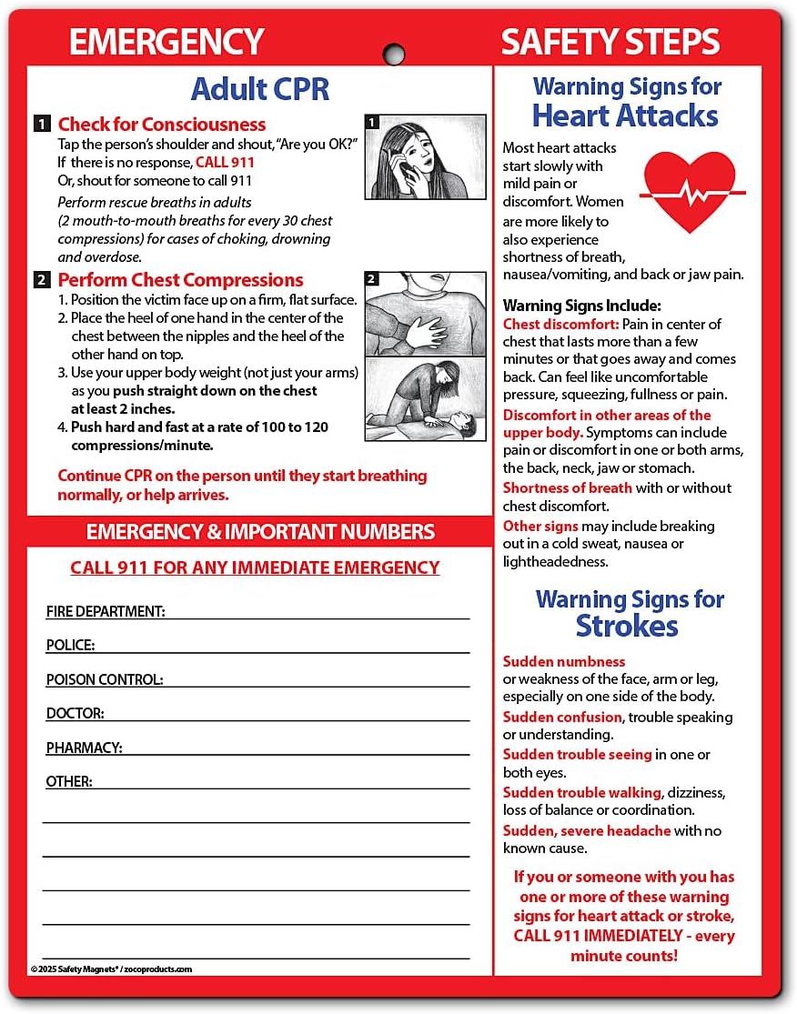 Safety Magnets by ZOCO – Adult CPR, Heart Attack and Stroke Warning Signs Fridge Magnets (5-Pack) – Quick First Aid Instructions Chart – Emergency Numbers List – Laminated Card, 8.5" x 11"