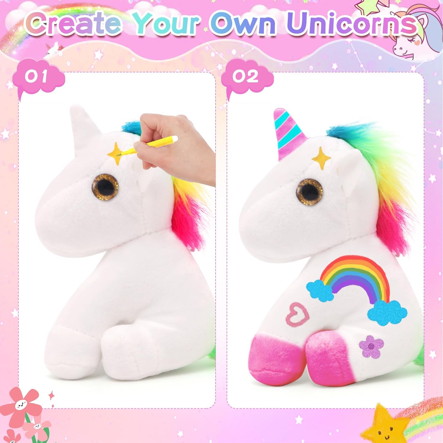 10Pcs Unicorn Party Favor Bulk Toys Mini Plush Unicorn Stuffed Animals with Coloured Pens Small Rainbow Unicorn Keychain for Birthday Wedding Christmas Goodie Bag Stuffer Party - Image 3
