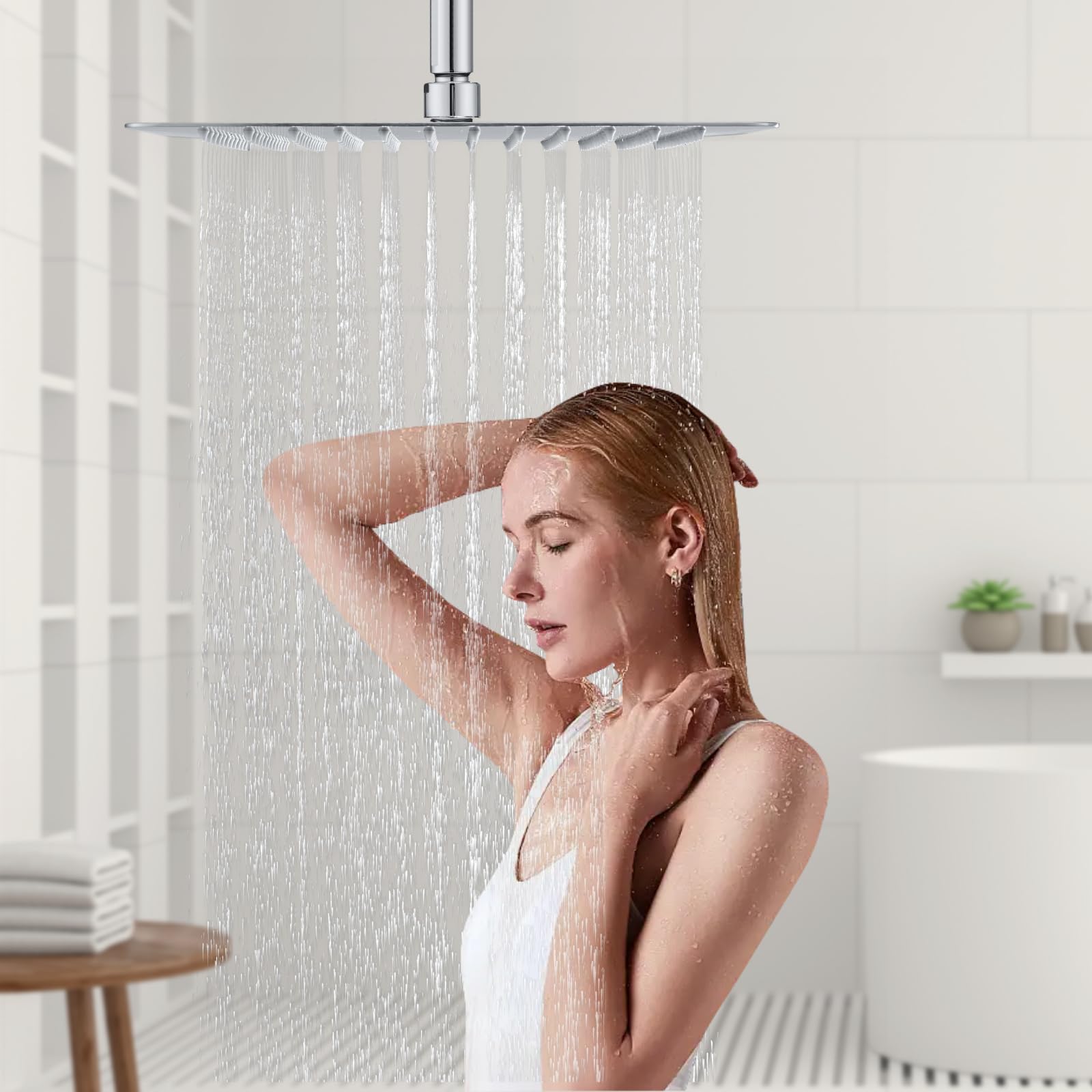 Duschkopf Regendusche 40x40cm/16 Zoll Quadrat, 304 Edelstahl Regendusche Duschkopf Wassersparender mit 324 Silikondüsen mit Antikalk-Funktion, Regenduschkopf 360° Drehbar, Chrom