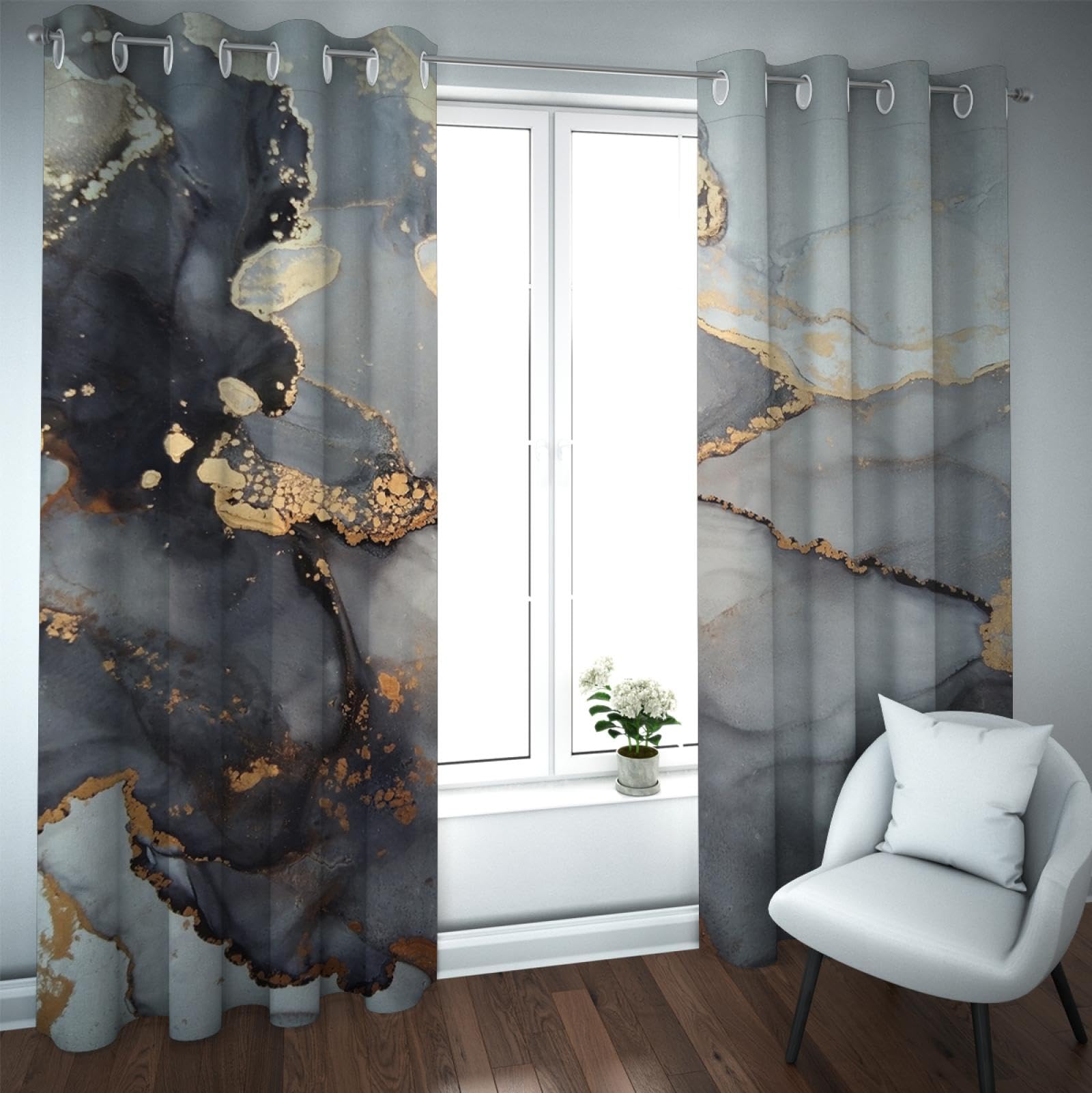 PARREN Marble Texture Blackout Curtain Black & Gray Ripples Abstract Art Window Curtain Room Darkening Drapes for Bedroom and Living Room 66x54in