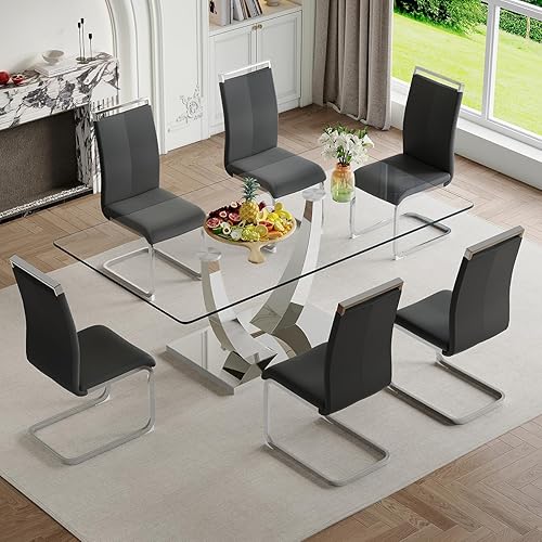 Miniatura 39 de Juego de mesa de comedor para 4, 63 pulgadas, juego de mesa de comedor de vidrio templado negro para 4 personas con sillas de poliuretano, moderno