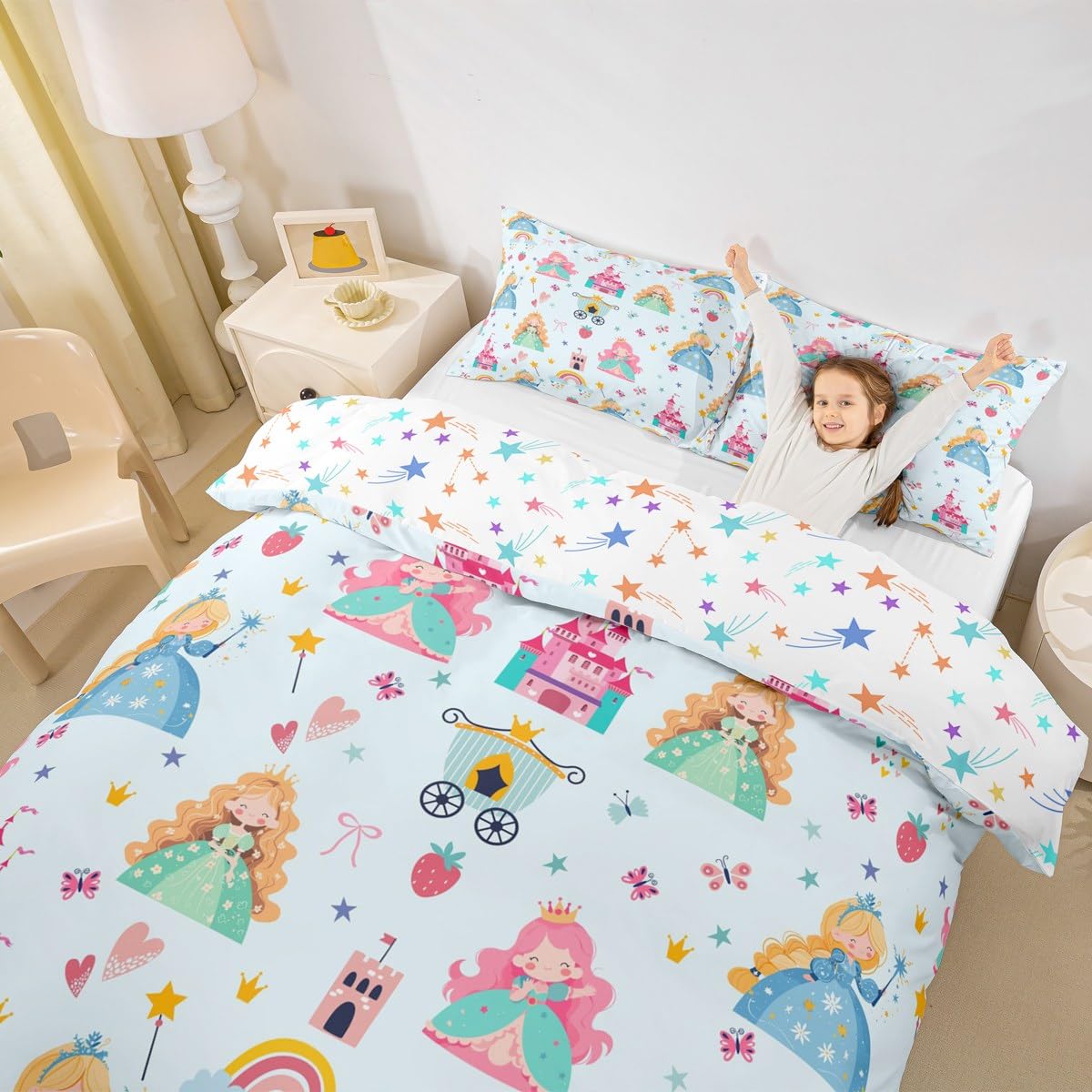 Cute Princess Bedding Set Single Size Kids Blue Castle Strawberry Comforter Cover for Boys Girls Teens Kawaii Cloud Rainbow Duvet Cover Breathable Soft Microfiber Star Print Room Decor