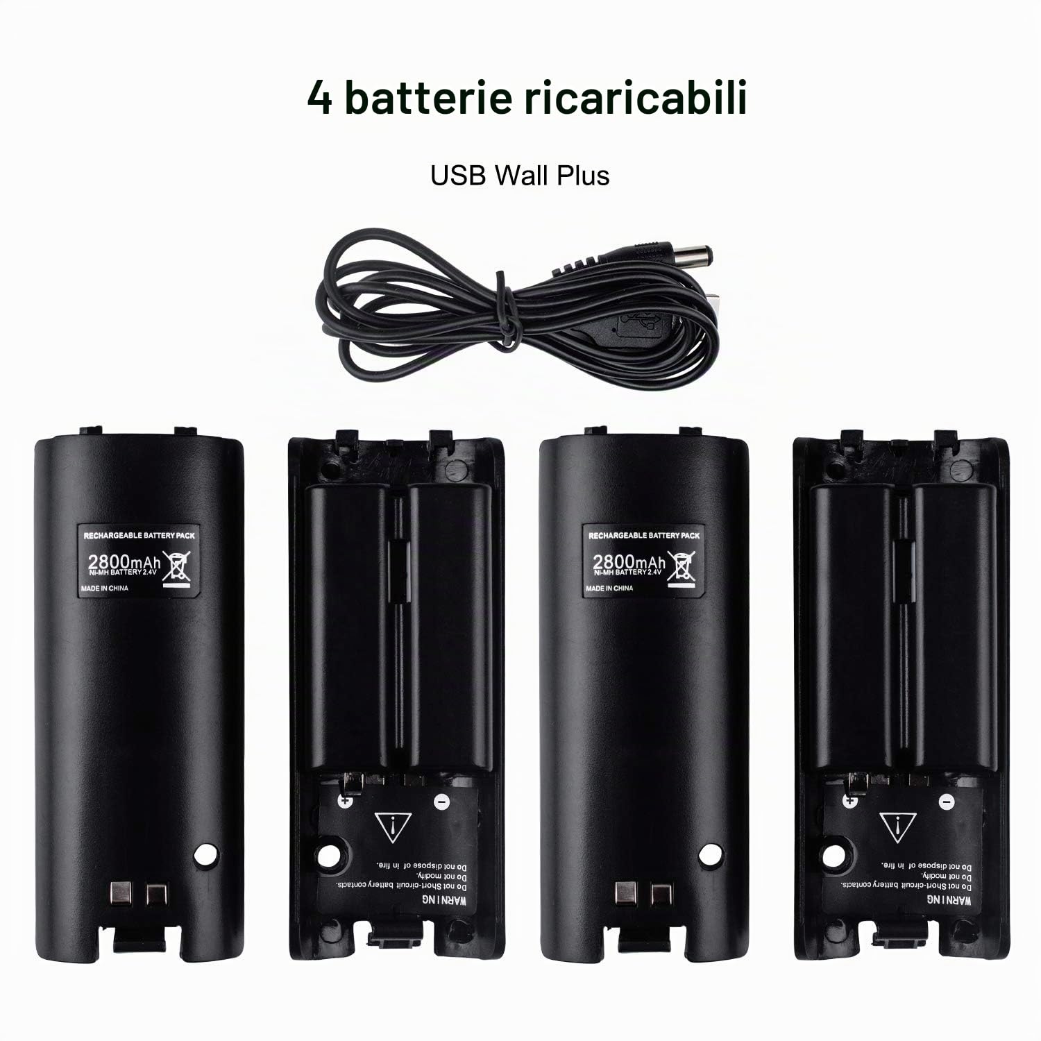 TechKen Wii Controller Charger, Stazione di Ricarica per 2 Telecomandi Wii e 2 Akkus Wii Wiimote Stazione di Ricarica con 4 Batterie da 2800MAH (Black)