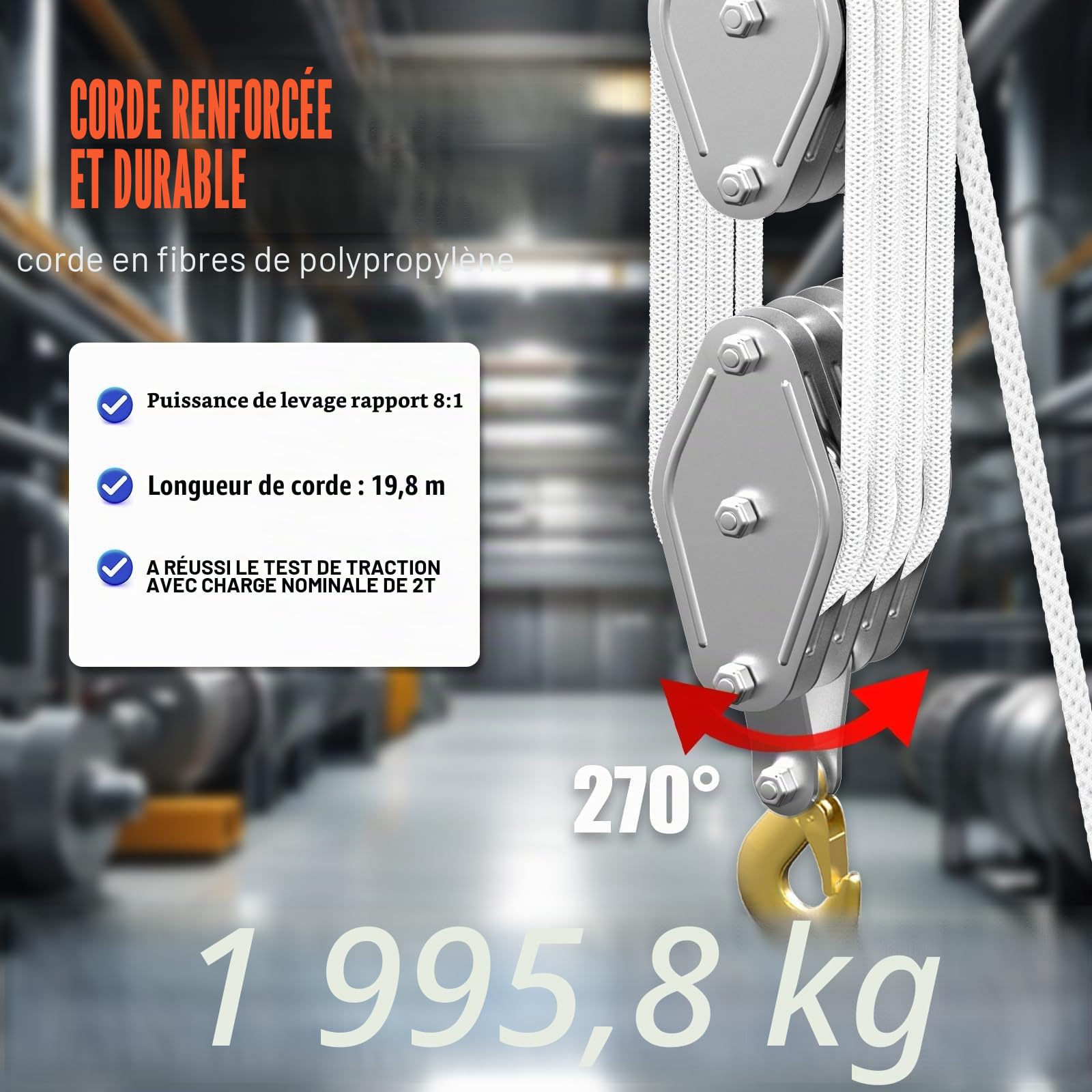 Palan à poulie à câble avec roulement en métal 4400 lb, système de poulie et de palan 8:1, capacité de charge de 2200 lb, palan à câble robuste de 65 pi pour garage de chasse et entrepôt