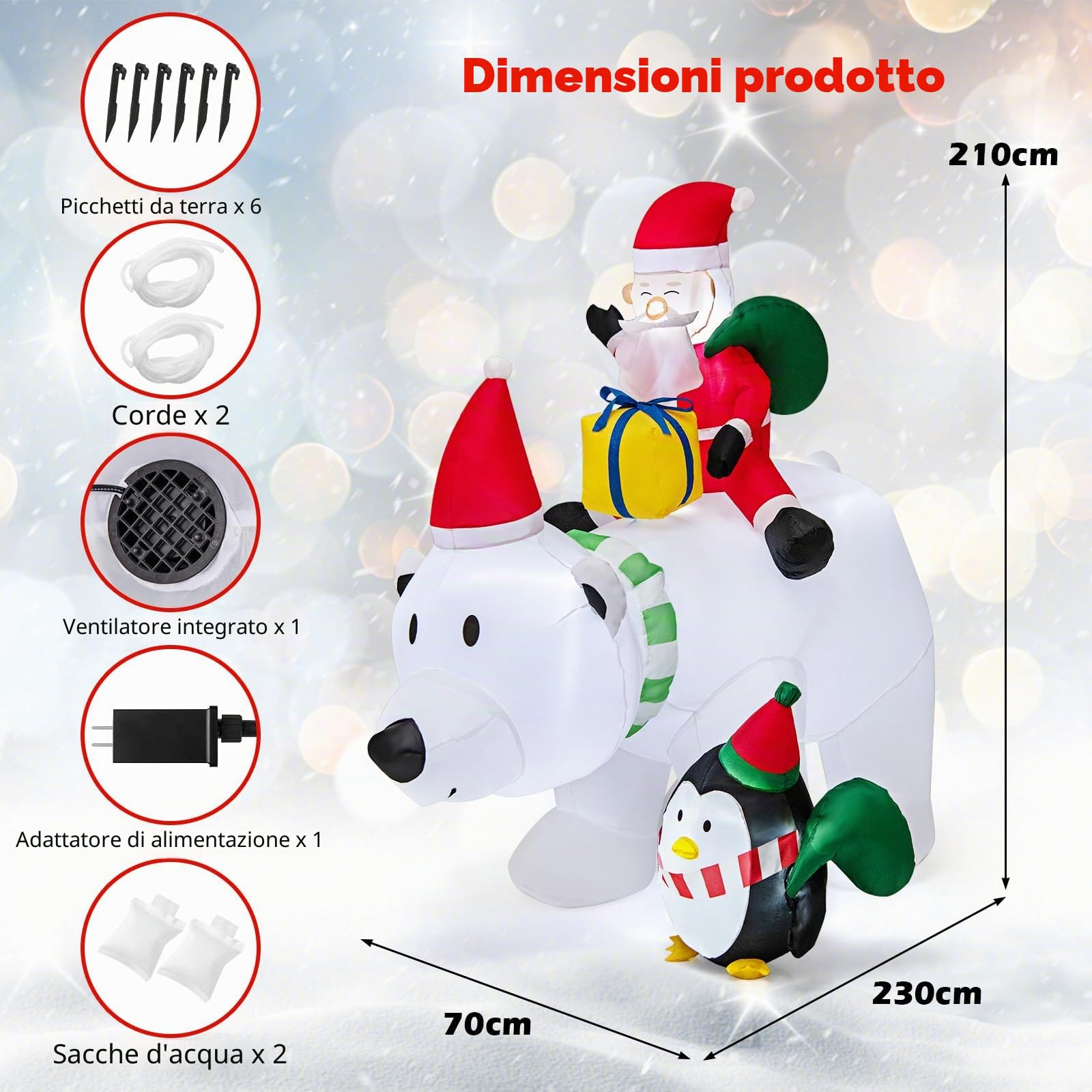 GYMAX Inflatable Natalizio di 210 CM, Orso Polare Gonfiabile con Testa Che Si Agita, Babbo Natale e Pinguino, Decorazione Natalizia Illuminata con Luci LED per Interni ed Esterni, con sacchi d'acqua