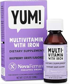 NovaFerrum Yum | Multivitamin with Iron for Infants, Toddlers &amp; Kids Ages 4 &amp; Under | Immune Support | Gluten Free Certified | Sugar Free | Raspberry Grape | 50 Servings. View media content in full screen