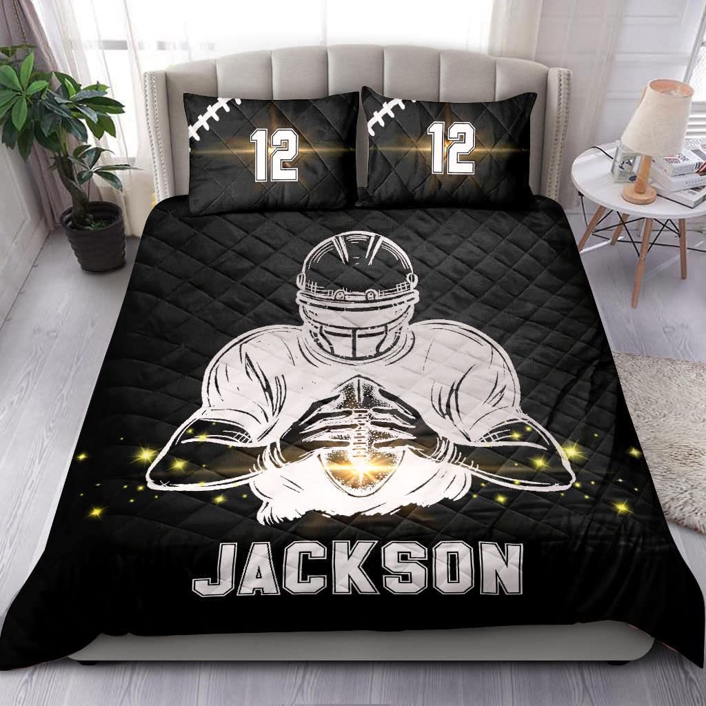 OhaPrints Custom Football Boy Ball Light Player Fan Gift Black Personalized Name Number Quilt Blanket & Pillowcases, Quilts Bedding Set & Pillow Cover, King Queen Double Twin Throw Full Size Bed Sets