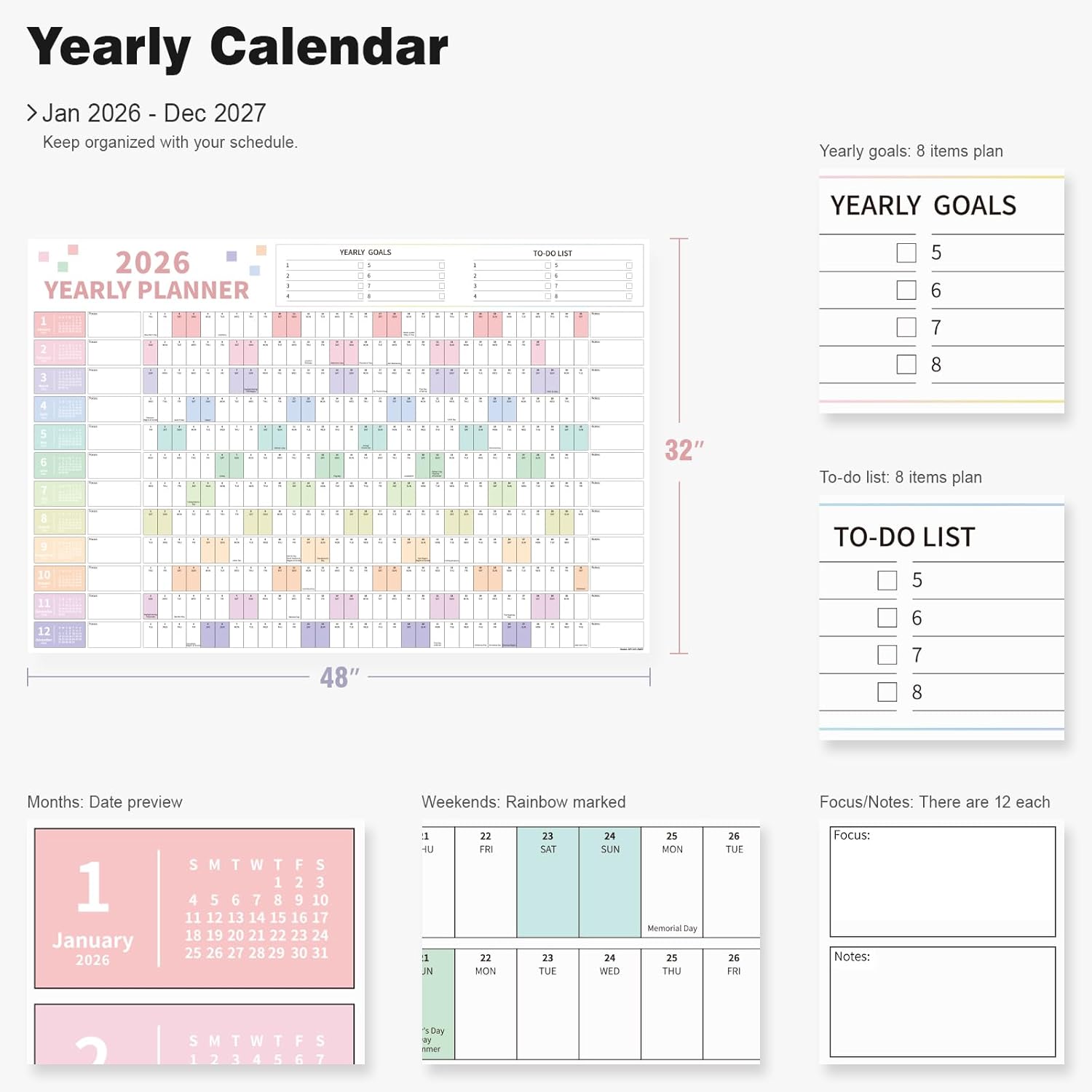 Ospelelf 2026 Wall Calendar Large 32'' x 48'' Dry Erase Laminated Yearly Calendar for Wall, 24 Month Big Family Calendar, Use Jan 2026 - Dec 2027 (Multicolor)