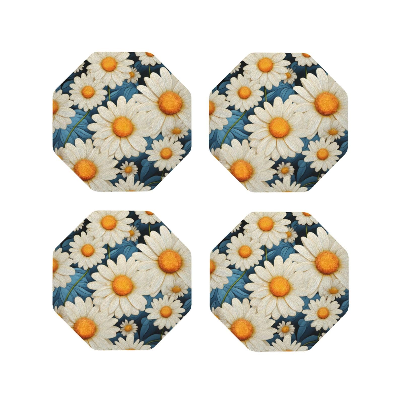 4Pcs PU Leather Coaster for Drinks, Daisy Cup Coastersr 4" Cup Mat Pad, Aesthetic Drink Coasters for Coffee Table, Octagon Coaster for Tabletop Protection
