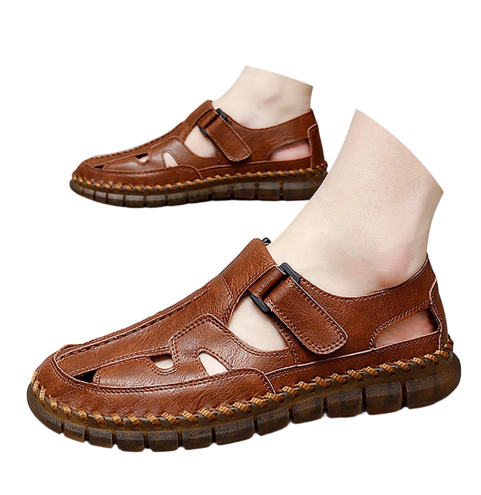 Sandalen Herren Leder Weiche Sohle Freizeitschuhe Ausgehöhlt Atmungsaktive Sneaker Sport Outdoor Sandas Slip on Geschlossene Zehen Sommer Schuhe Elegante Sommerschuhe Sandaletten