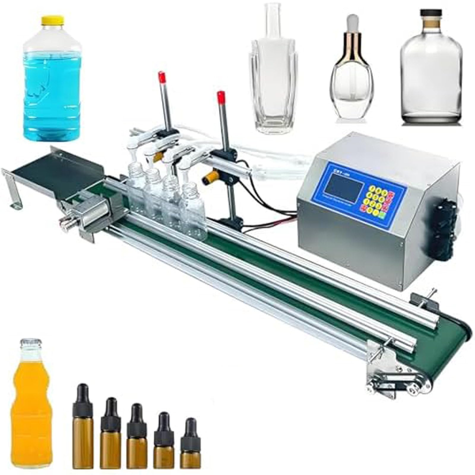 XueFulxion Compact 4-Nozzle Filling Machine & Integrated Conveyor System Ideal for small businesses bottling oils,detergents,and DIY liquids in tins,jars,and containers 4H1200