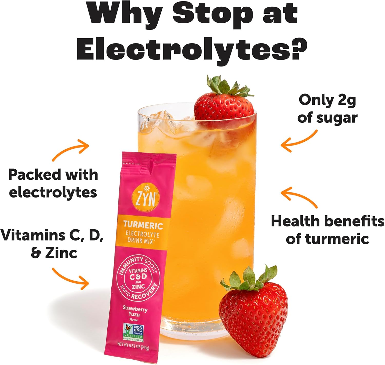ZYN Electrolyte Drink Mix Hydration Packets, Strawberry Yuzu Electrolytes Powder, Hydration Packets w/Turmeric Curcumin, Vitamin C & D, Zinc, Hydrate & Recover Electrolyte Powder, Pack of 32