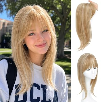 18 inch Hair Topper for Women with Bangs 3D 360 Cover Synthetic Hair Toppers Long Straight Hair Pieces for Women Clip in Toppers with Bangs Ash Blonde Mix Platinum Blonde