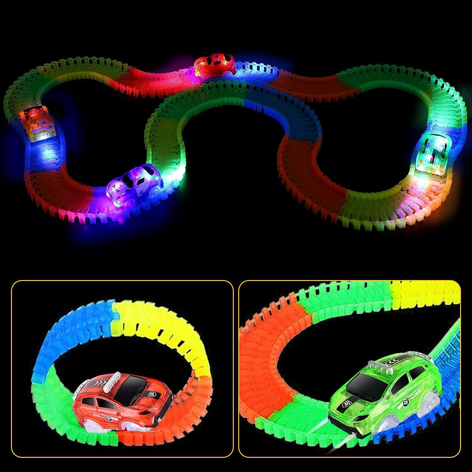 Tracks Cars Only Replacement, Flex Track Race Cars for Magic Tracks Glow in The Dark, Lights Up Glow Trax Trucks with 5 LED Flashing Light Compatible with Most Tracks for Kids(Red/Blue/Green)