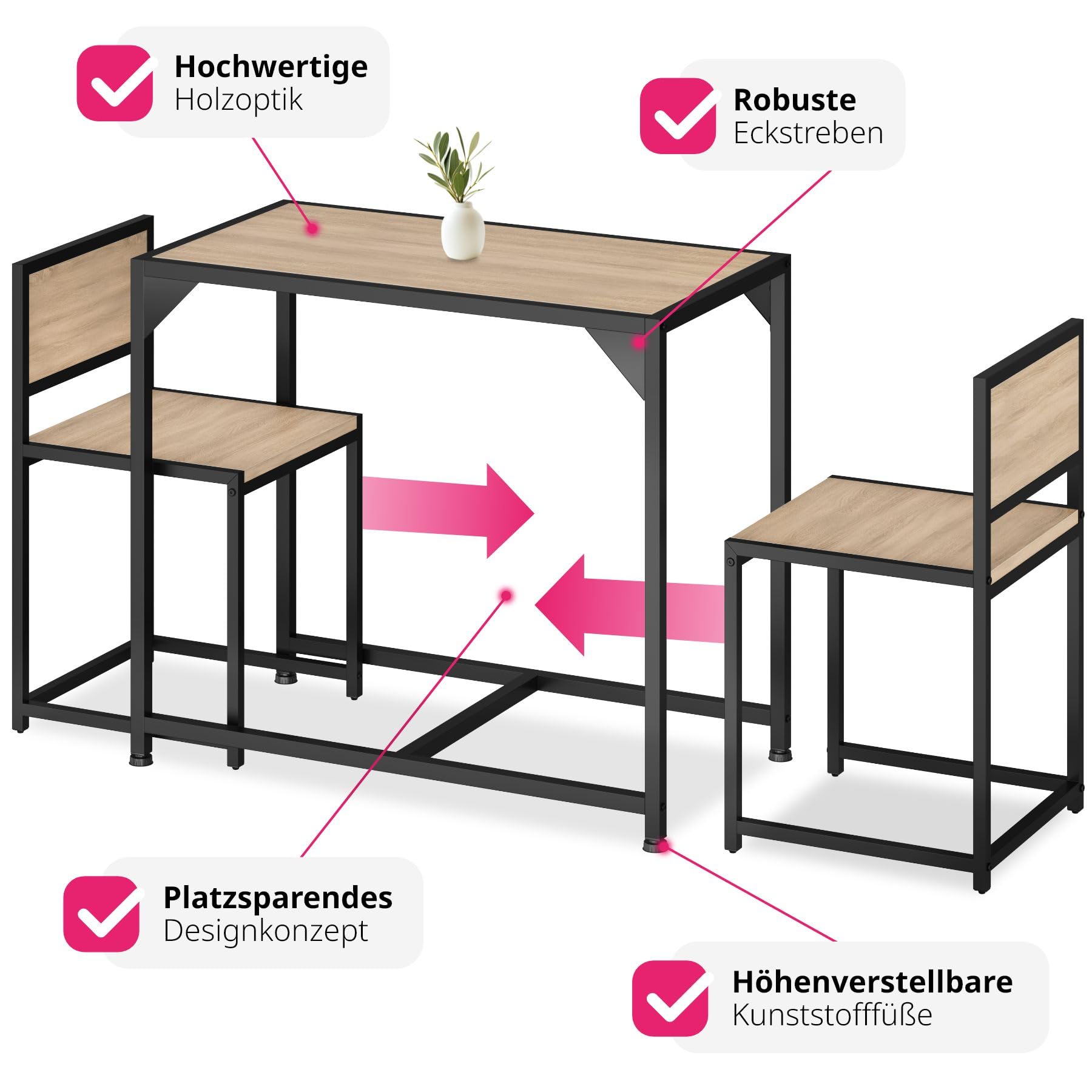 tectake Sitzgruppe 3-teilig im Industrie-Design, Essgruppe für 2 Personen aus Holz + Metall, Esszimmer Set mit Esstisch und 2 Stühlen, schwarzes Metallgestell (Industrial Holz hell, Eiche Sonoma)