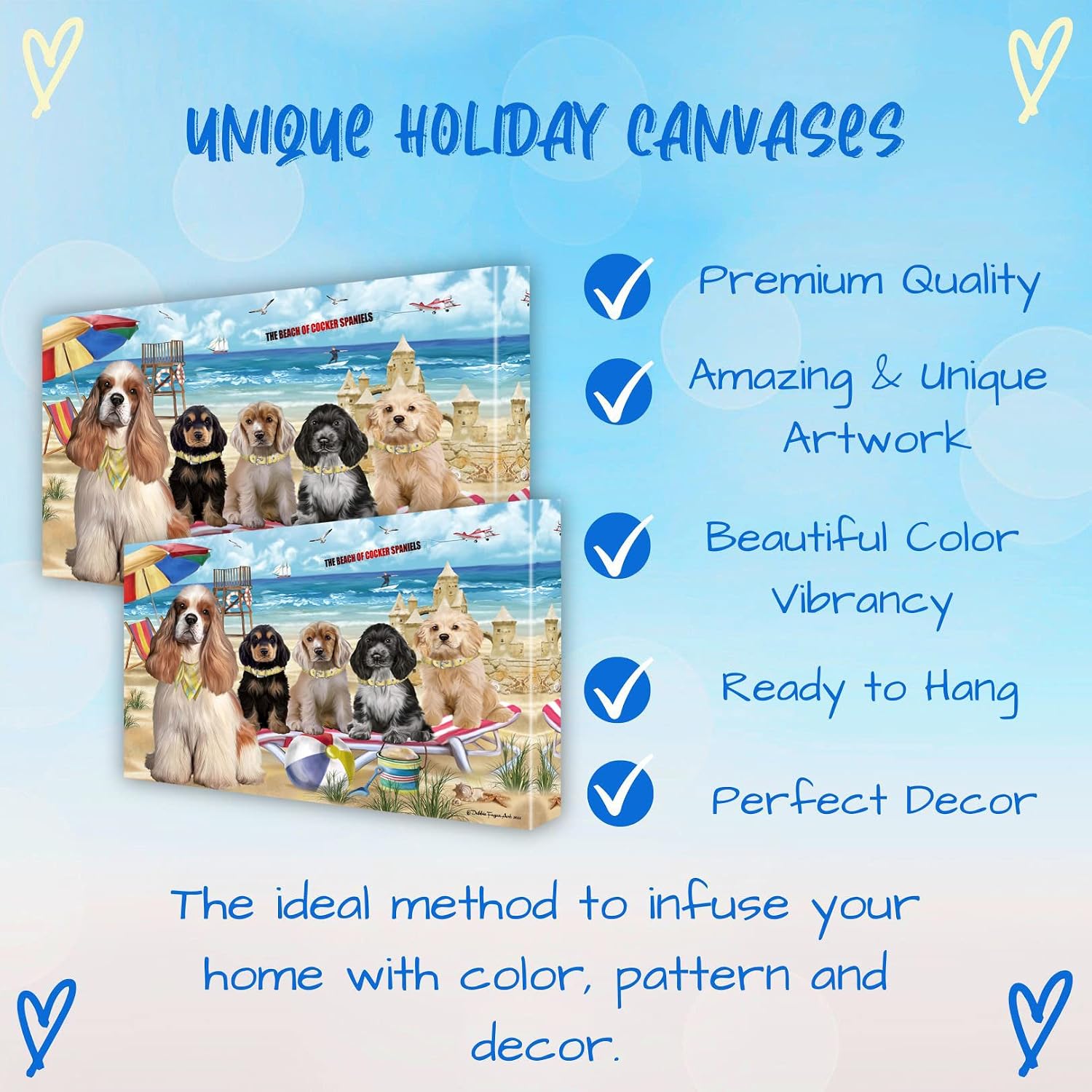 Doggie of the Day Pet Beach Family with Cocker Spaniel Dogs Canvas Wall Art - Premium Quality Ready to Hang Room Decor - Flat Rolled 20" x 24"